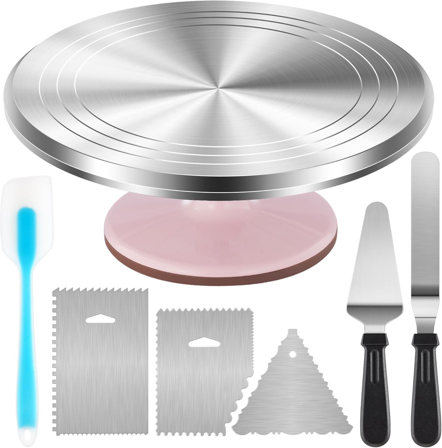 Premium Aluminum Alloy Cake Turntable Set with 3 Icing Scrapers, Offset & Silicone Spatulas, Non-Slip Base for Smooth Frosting, Professional Baking & Decorating Kit for Home Bakers (Pink) - Image 1