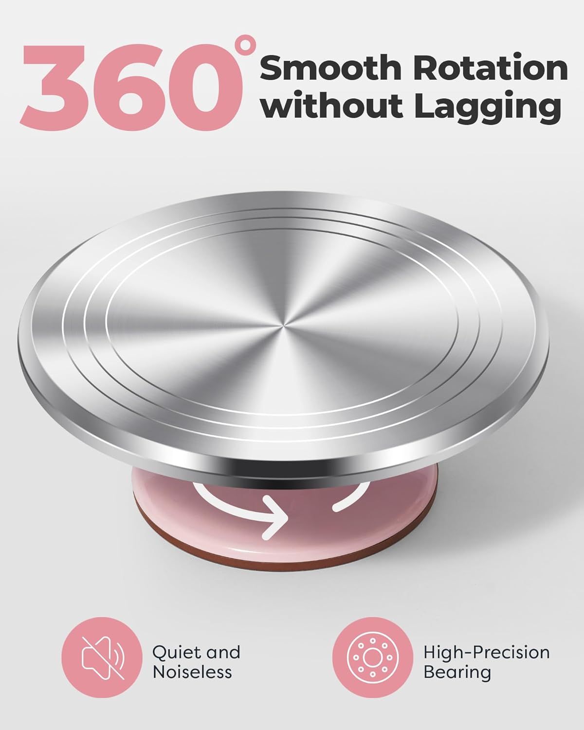 Premium Aluminum Alloy Cake Turntable Set with 3 Icing Scrapers, Offset & Silicone Spatulas, Non-Slip Base for Smooth Frosting, Professional Baking & Decorating Kit for Home Bakers (Pink) - Image 3