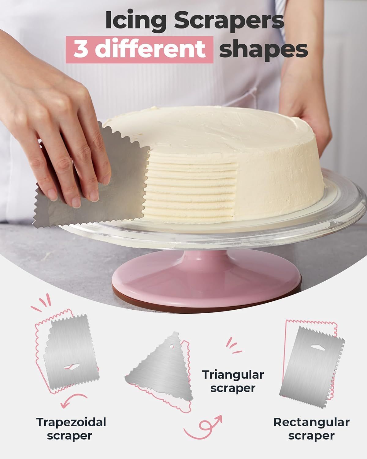 Premium Aluminum Alloy Cake Turntable Set with 3 Icing Scrapers, Offset & Silicone Spatulas, Non-Slip Base for Smooth Frosting, Professional Baking & Decorating Kit for Home Bakers (Pink) - Image 4