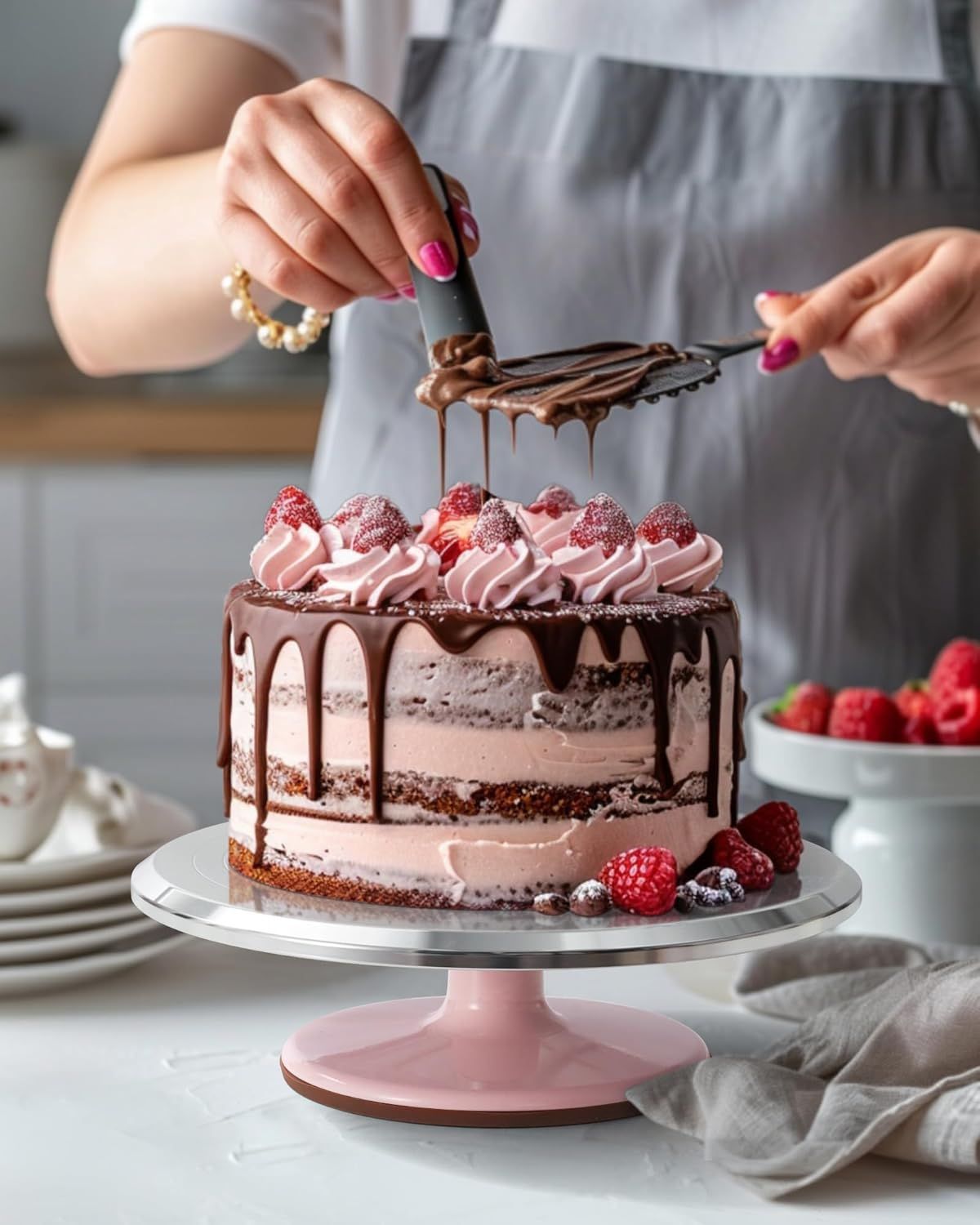Premium Aluminum Alloy Cake Turntable Set with 3 Icing Scrapers, Offset & Silicone Spatulas, Non-Slip Base for Smooth Frosting, Professional Baking & Decorating Kit for Home Bakers (Pink) - Image 6