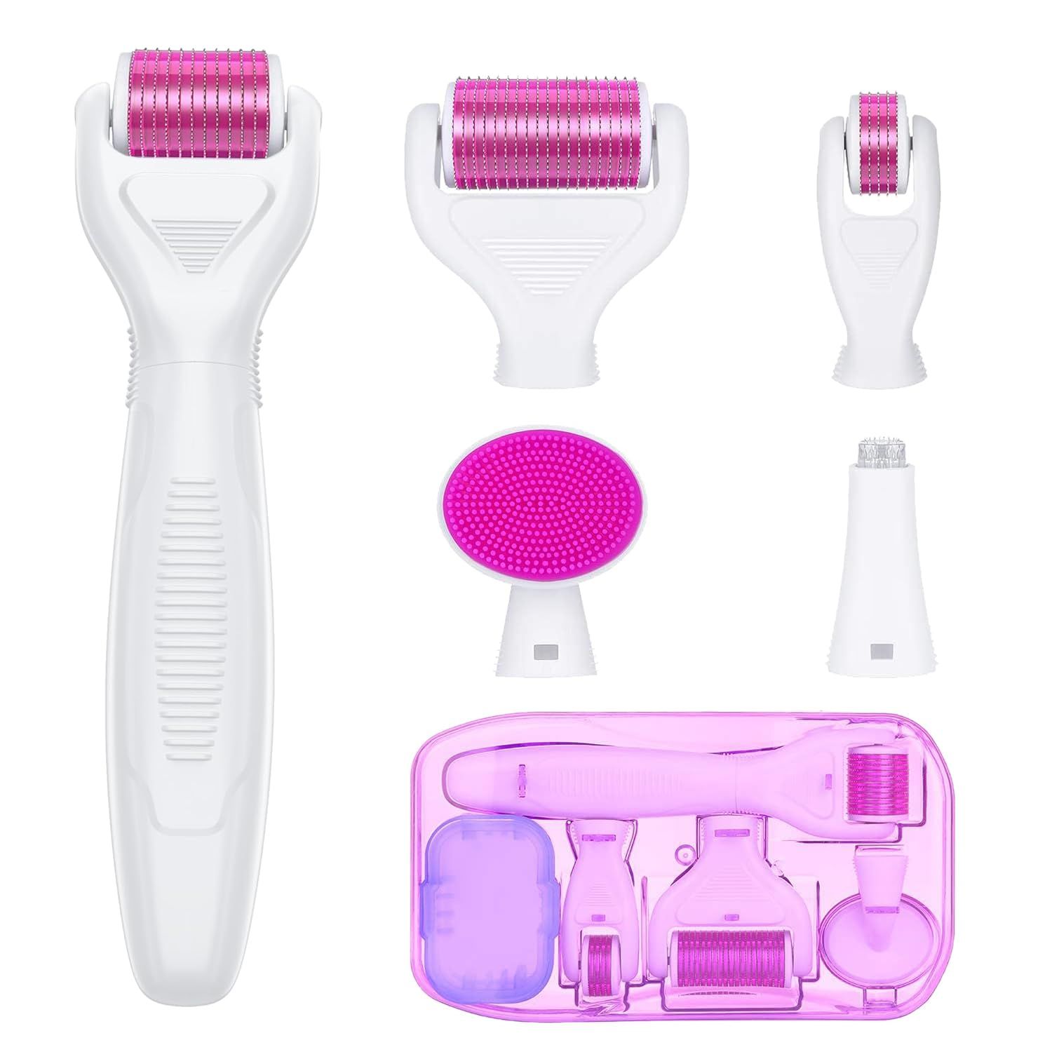 6-in-1 Stainless Steel Derma Roller Kit with 4 Interchangeable Heads, Ergonomic Handle, Clear Storage Case, Easy Assembly Design, For Facial & Body Skincare Routine Use (White) - Image 1