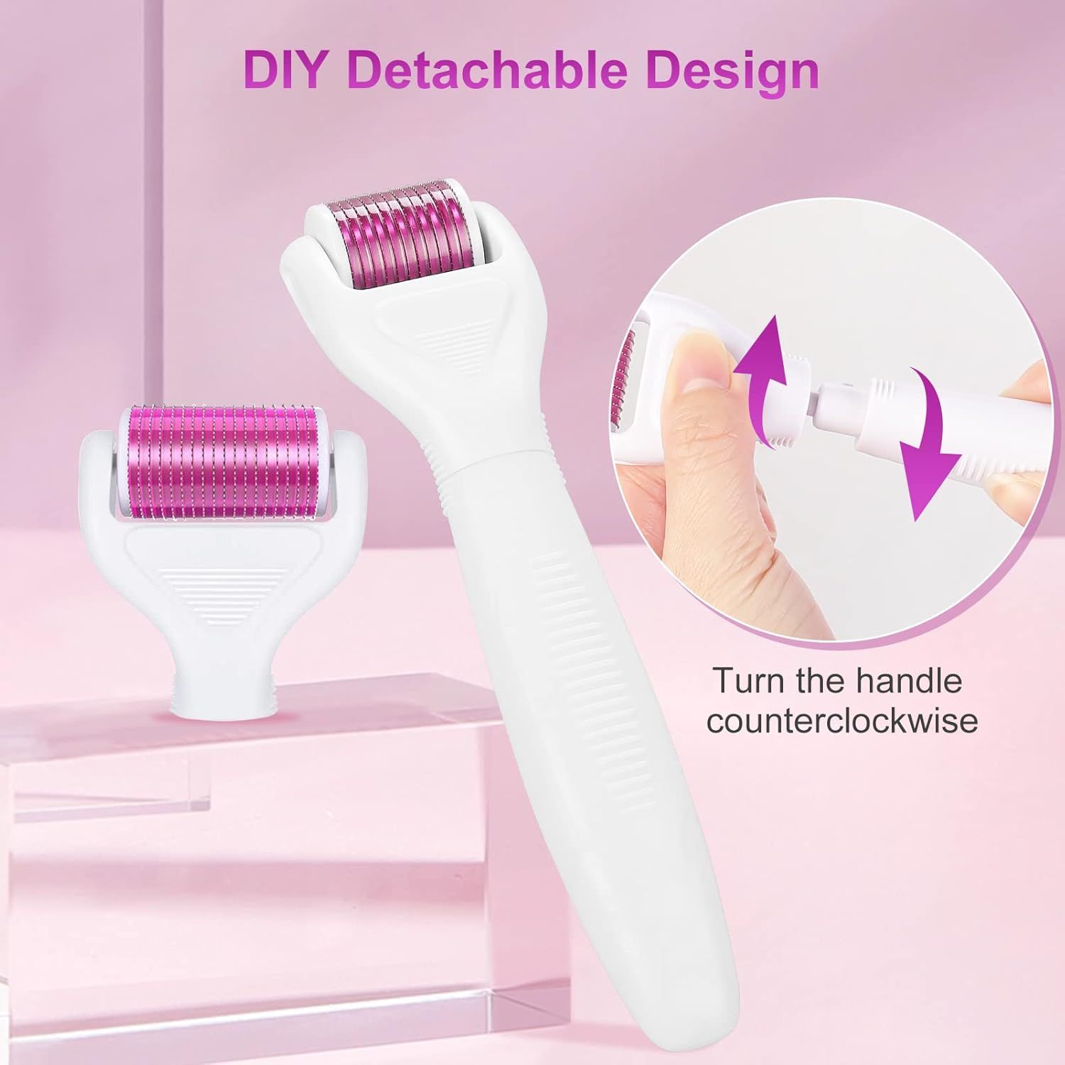 6-in-1 Stainless Steel Derma Roller Kit with 4 Interchangeable Heads, Ergonomic Handle, Clear Storage Case, Easy Assembly Design, For Facial & Body Skincare Routine Use (White) - Image 3