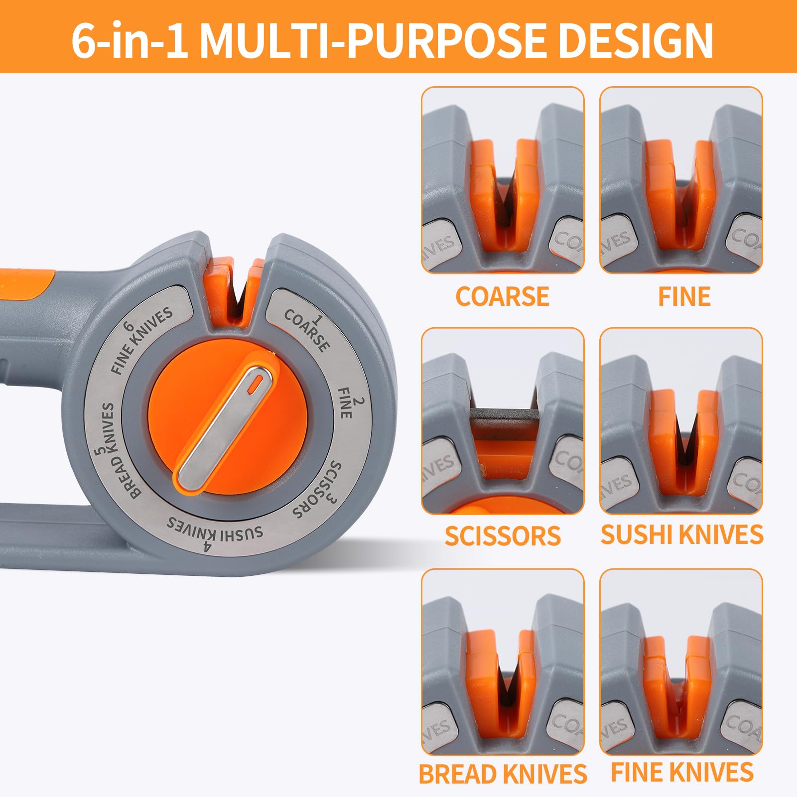 6-in-1 Rotary Knife Sharpener – Adjustable Multi-Function Sharpener for Knives, Scissors, Sushi & Bread Knives, Fast & Easy Sharpening Tool for Home Kitchen Use (Gray) - Image 4