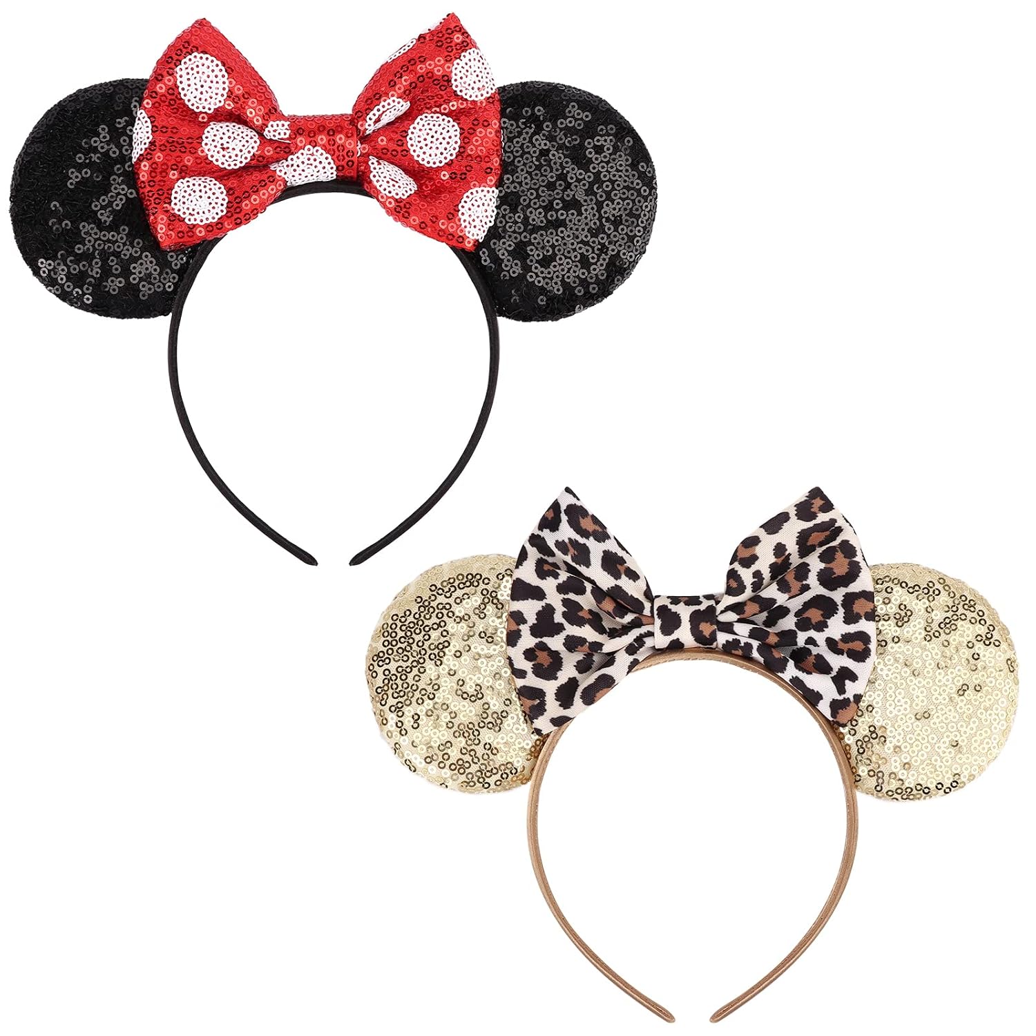 2-Pack Minnie-Style Sequin Ear Headbands for Women & Girls – Sparkly Mouse Ears with Fabric Bows (Polka Dot Red & Leopard Print), Stretchy Comfort Fit, Perfect for Theme Parks, Parties, Cosplay, Photoshoots, and Daily Fun (Black & Beige) - Image 1