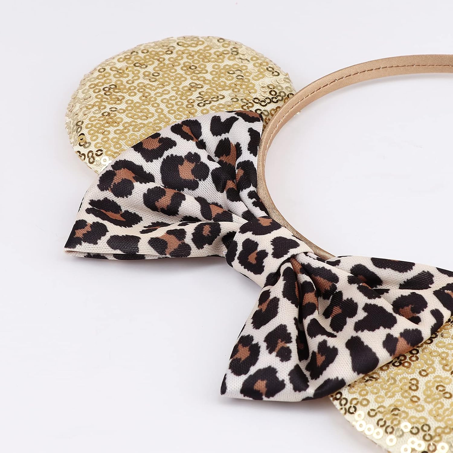 2-Pack Minnie-Style Sequin Ear Headbands for Women & Girls – Sparkly Mouse Ears with Fabric Bows (Polka Dot Red & Leopard Print), Stretchy Comfort Fit, Perfect for Theme Parks, Parties, Cosplay, Photoshoots, and Daily Fun (Black & Beige) - Image 3
