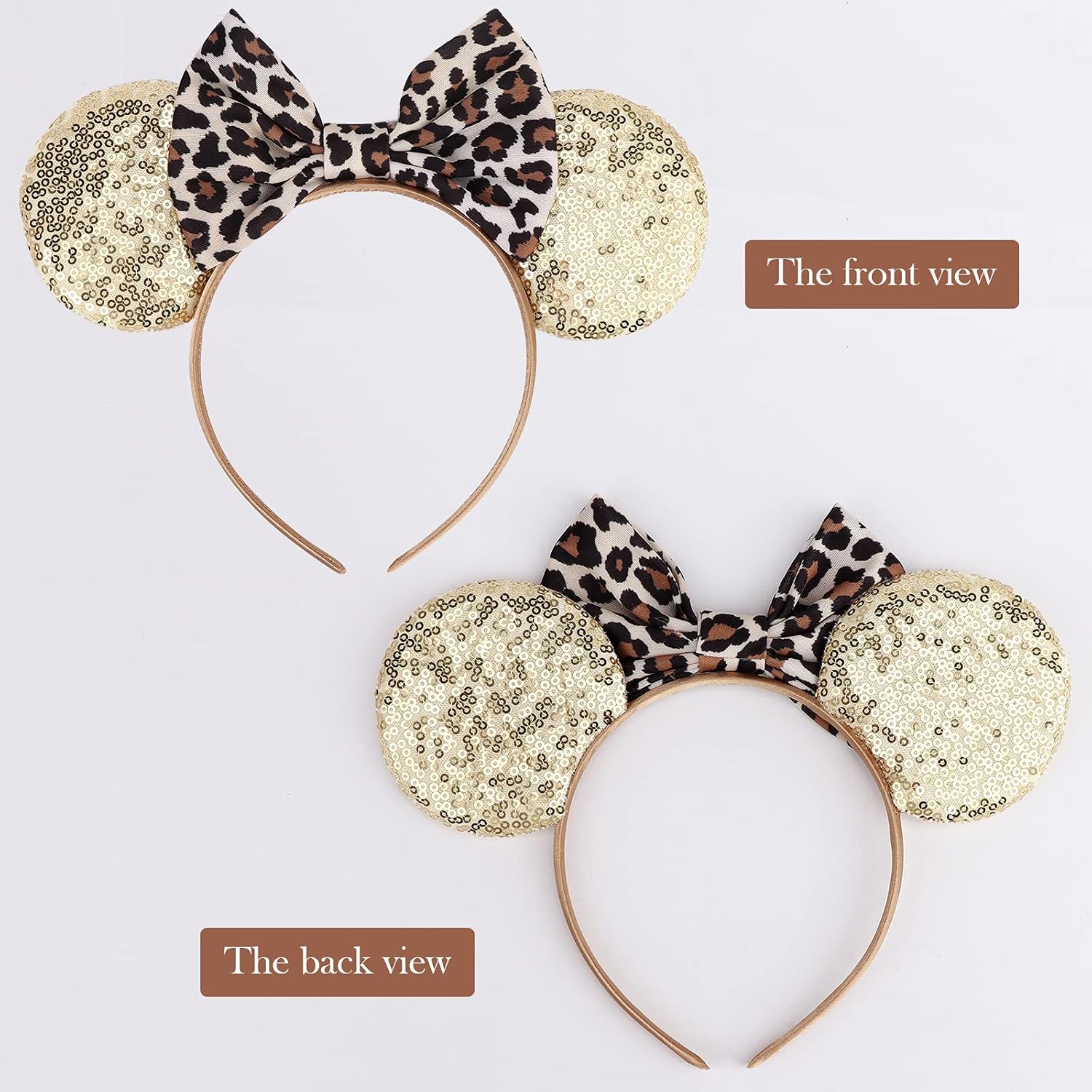 2-Pack Minnie-Style Sequin Ear Headbands for Women & Girls – Sparkly Mouse Ears with Fabric Bows (Polka Dot Red & Leopard Print), Stretchy Comfort Fit, Perfect for Theme Parks, Parties, Cosplay, Photoshoots, and Daily Fun (Black & Beige) - Image 4