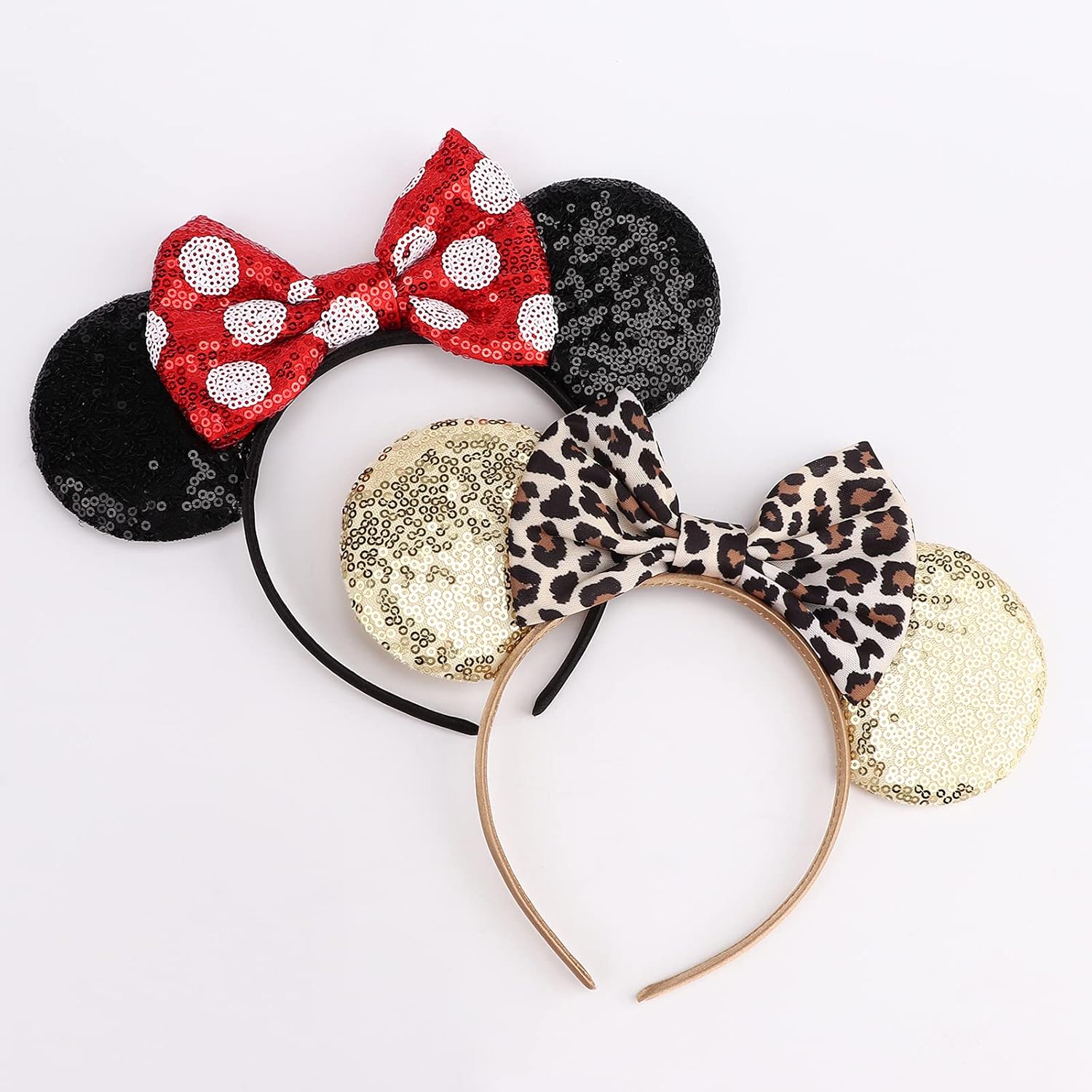 2-Pack Minnie-Style Sequin Ear Headbands for Women & Girls – Sparkly Mouse Ears with Fabric Bows (Polka Dot Red & Leopard Print), Stretchy Comfort Fit, Perfect for Theme Parks, Parties, Cosplay, Photoshoots, and Daily Fun (Black & Beige) - Image 5