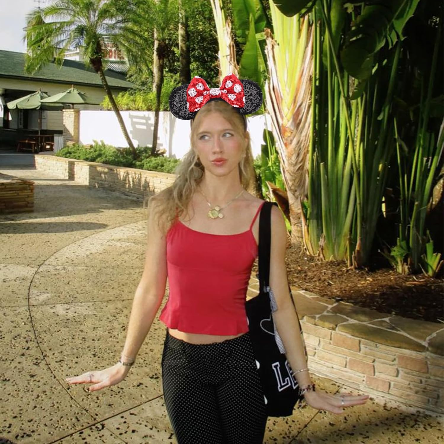 2-Pack Minnie-Style Sequin Ear Headbands for Women & Girls – Sparkly Mouse Ears with Fabric Bows (Polka Dot Red & Leopard Print), Stretchy Comfort Fit, Perfect for Theme Parks, Parties, Cosplay, Photoshoots, and Daily Fun (Black & Beige) - Image 6