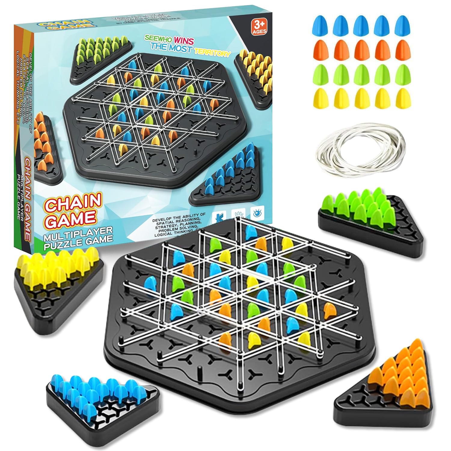 Chain Game – Multiplayer Strategy Board Puzzle for Kids & Adults | Fun Geometric Chess with Rubber Bands, 2–4 Players | Ideal Family Game for Parties, Gifts & Screen-Free Play - Image 1