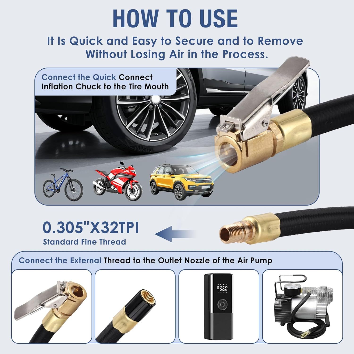 2PCS Tire Inflator Extension Hose with Quick Connect Chuck, Universal Air Pump Adapter for Car, Motorcycle, Bicycle, Heavy-Duty Nylon & Copper (Black) - Image 2