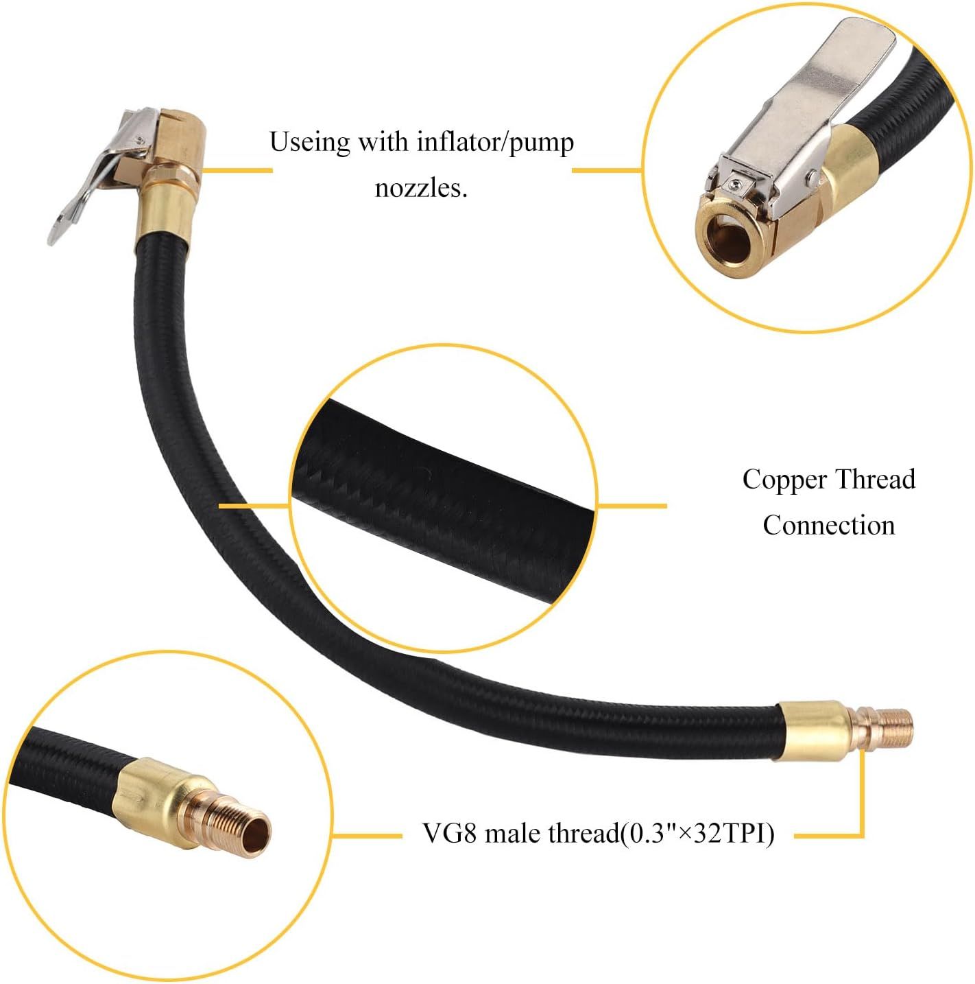 2PCS Tire Inflator Extension Hose with Quick Connect Chuck, Universal Air Pump Adapter for Car, Motorcycle, Bicycle, Heavy-Duty Nylon & Copper (Black) - Image 7
