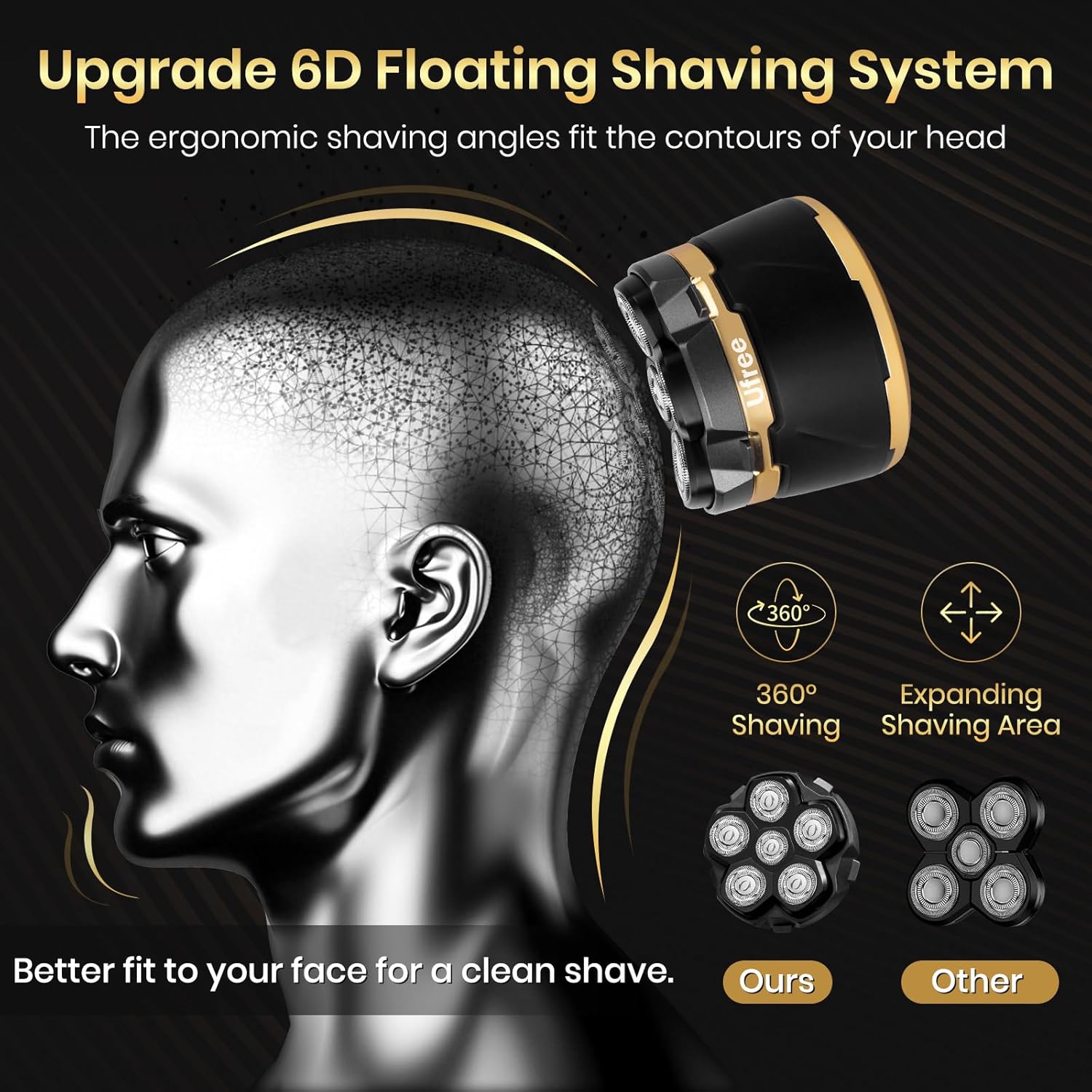 6D Magnetic Bald Shaver for Men – Cordless Rechargeable Electric Head Shaver with LED Display, IPX6 Waterproof, 3-Second Travel Lock, 6 Floating Heads, Includes Storage Bag & Cleaning Brush (Black) - Image 5