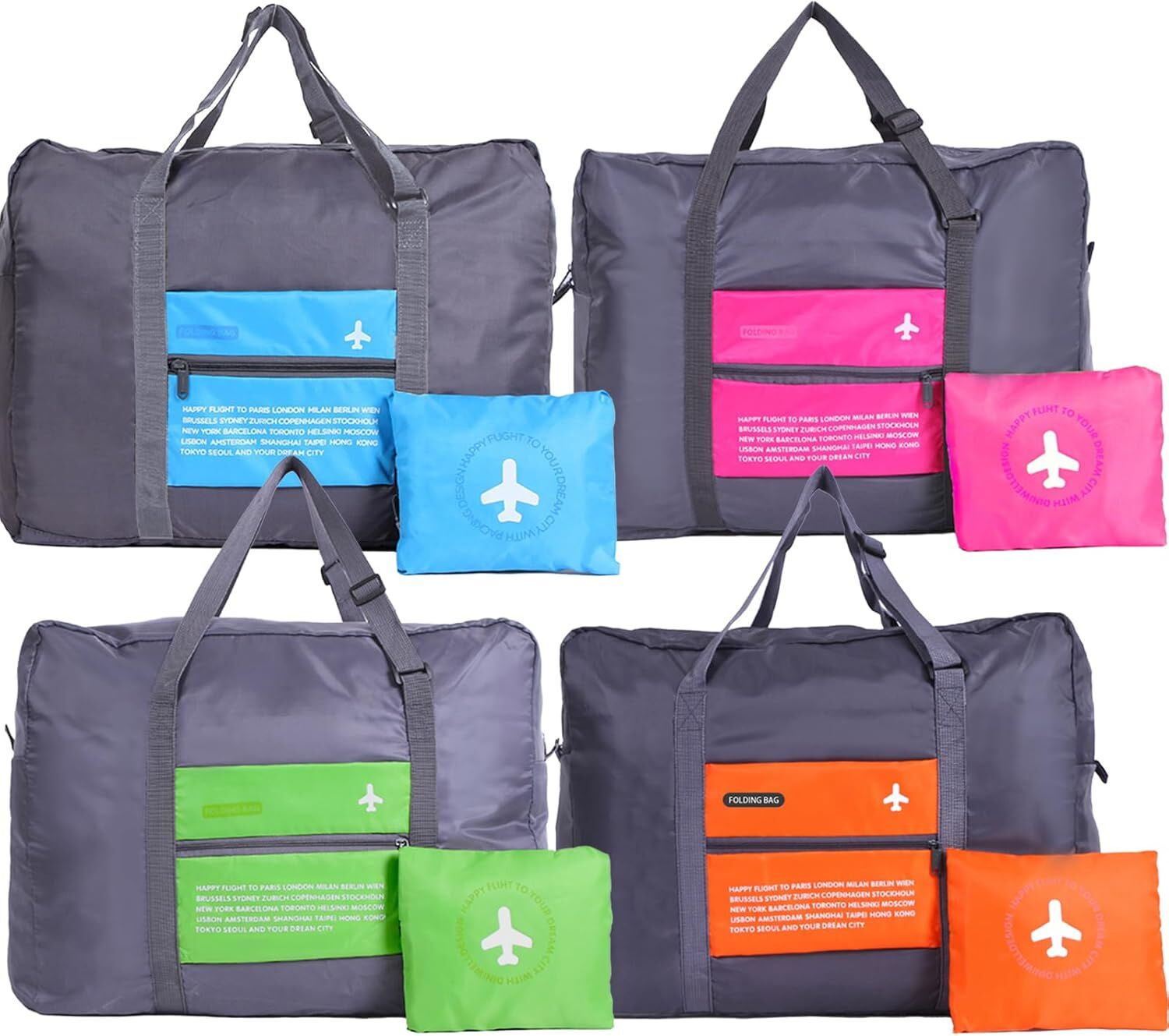 4-Pack Foldable Travel Duffel Bag Set – Compact Carry-On Luggage in Pink, Blue, Green & Orange | Perfect for Family Trips, Gifts & Organized Travel - Image 1