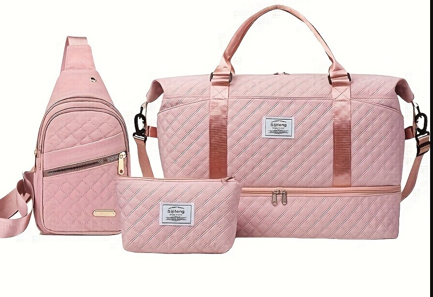 Women’s 3-Piece Travel Bag Set – Large Duffel, Crossbody Backpack & Toiletry Pouch for Gym, Maternity and Weekend Getaways (Pink)  | Other Colors Available in Store - Image 1