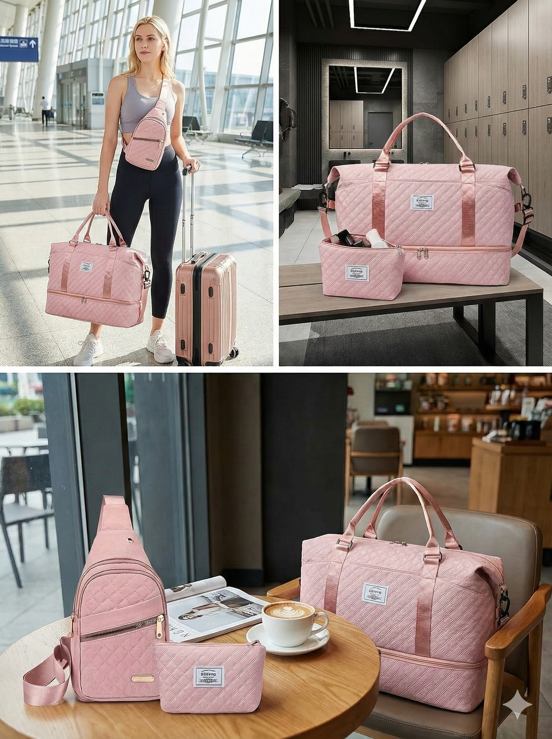 Women’s 3-Piece Travel Bag Set – Large Duffel, Crossbody Backpack & Toiletry Pouch for Gym, Maternity and Weekend Getaways (Pink)  | Other Colors Available in Store - Image 3