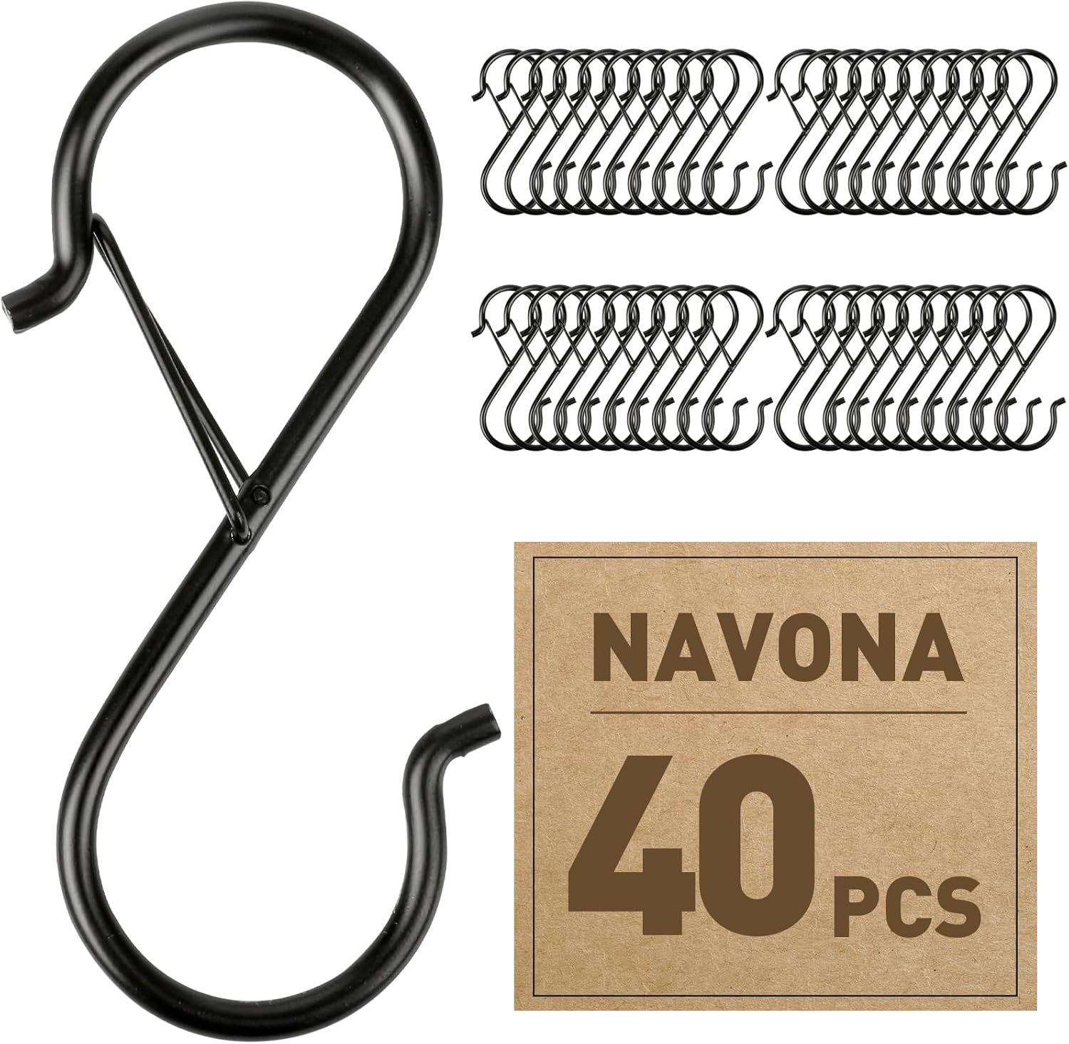 40-Pack S-Shaped Hooks with Safety Buckle, Black Finish, for Hanging Bags, Kitchen Tools, Plants & Decor—Fits Rods up to 0.5 Inch Diameter—Easy Open/Close Design, Multi-Use Home Organization Tool (Black) - Image 1