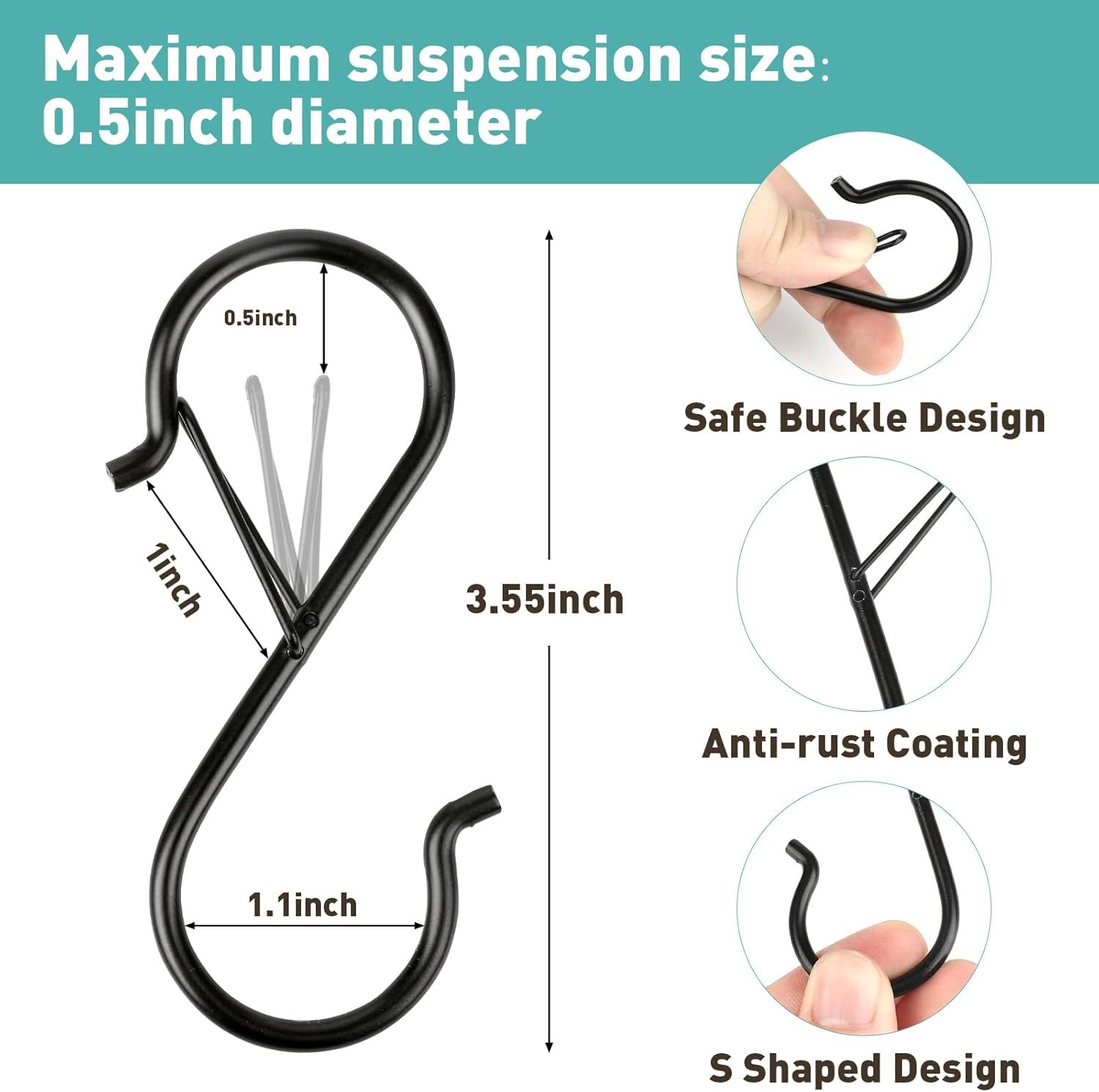40-Pack S-Shaped Hooks with Safety Buckle, Black Finish, for Hanging Bags, Kitchen Tools, Plants & Decor—Fits Rods up to 0.5 Inch Diameter—Easy Open/Close Design, Multi-Use Home Organization Tool (Black) - Image 2