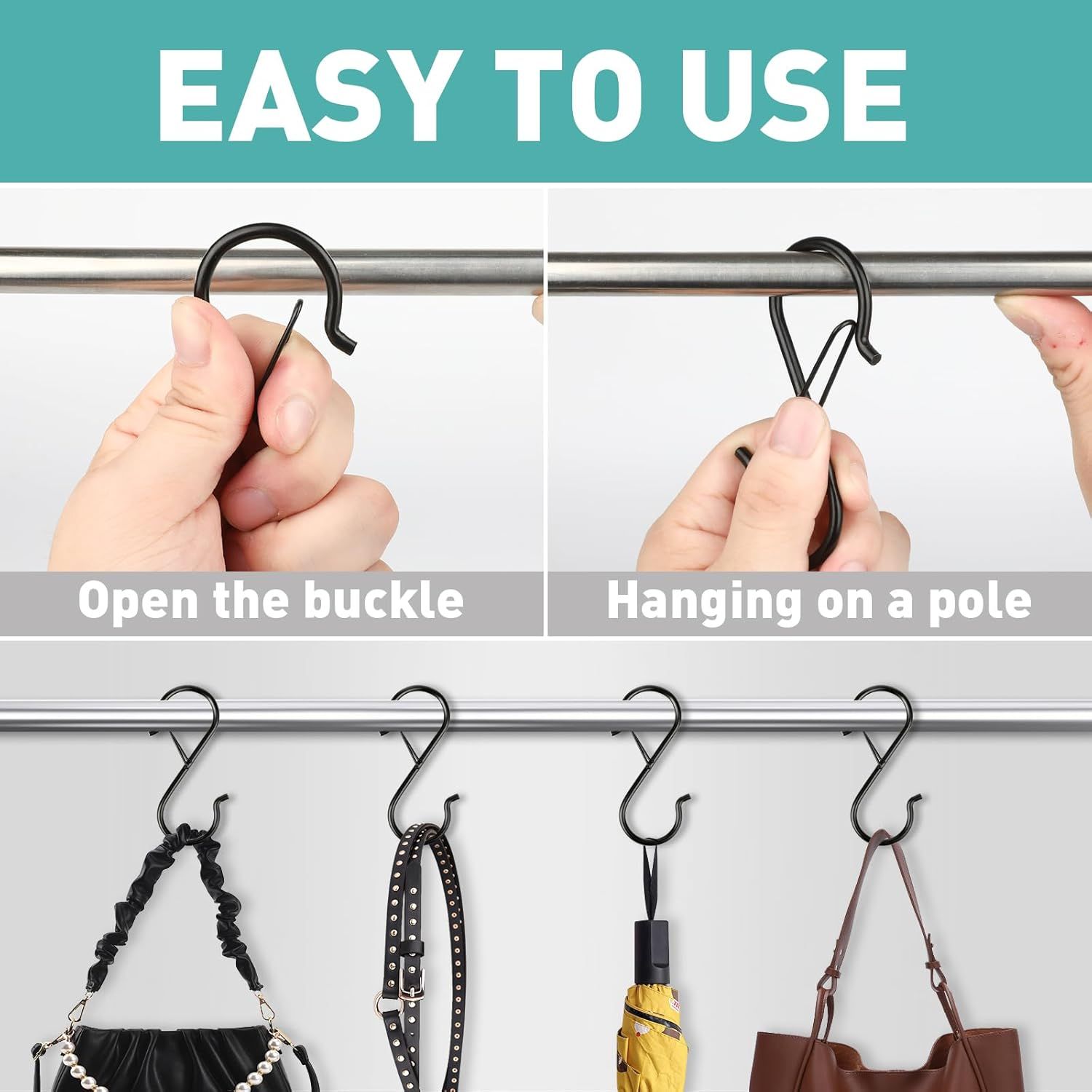 40-Pack S-Shaped Hooks with Safety Buckle, Black Finish, for Hanging Bags, Kitchen Tools, Plants & Decor—Fits Rods up to 0.5 Inch Diameter—Easy Open/Close Design, Multi-Use Home Organization Tool (Black) - Image 4
