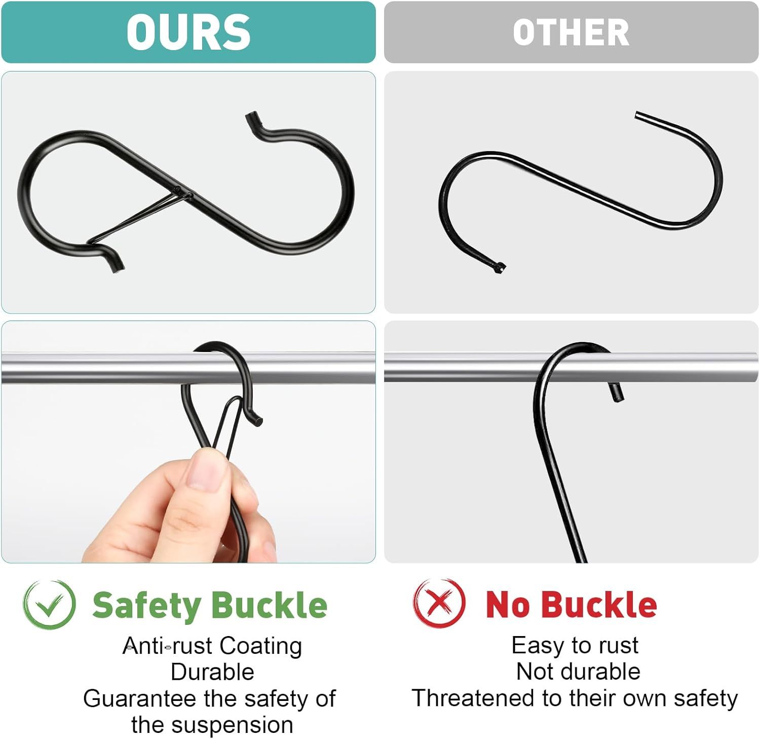 40-Pack S-Shaped Hooks with Safety Buckle, Black Finish, for Hanging Bags, Kitchen Tools, Plants & Decor—Fits Rods up to 0.5 Inch Diameter—Easy Open/Close Design, Multi-Use Home Organization Tool (Black) - Image 5