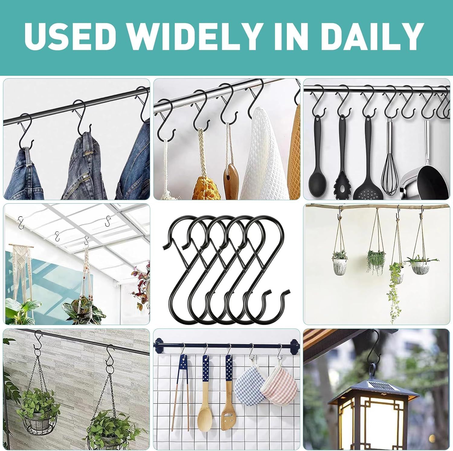 40-Pack S-Shaped Hooks with Safety Buckle, Black Finish, for Hanging Bags, Kitchen Tools, Plants & Decor—Fits Rods up to 0.5 Inch Diameter—Easy Open/Close Design, Multi-Use Home Organization Tool (Black) - Image 6