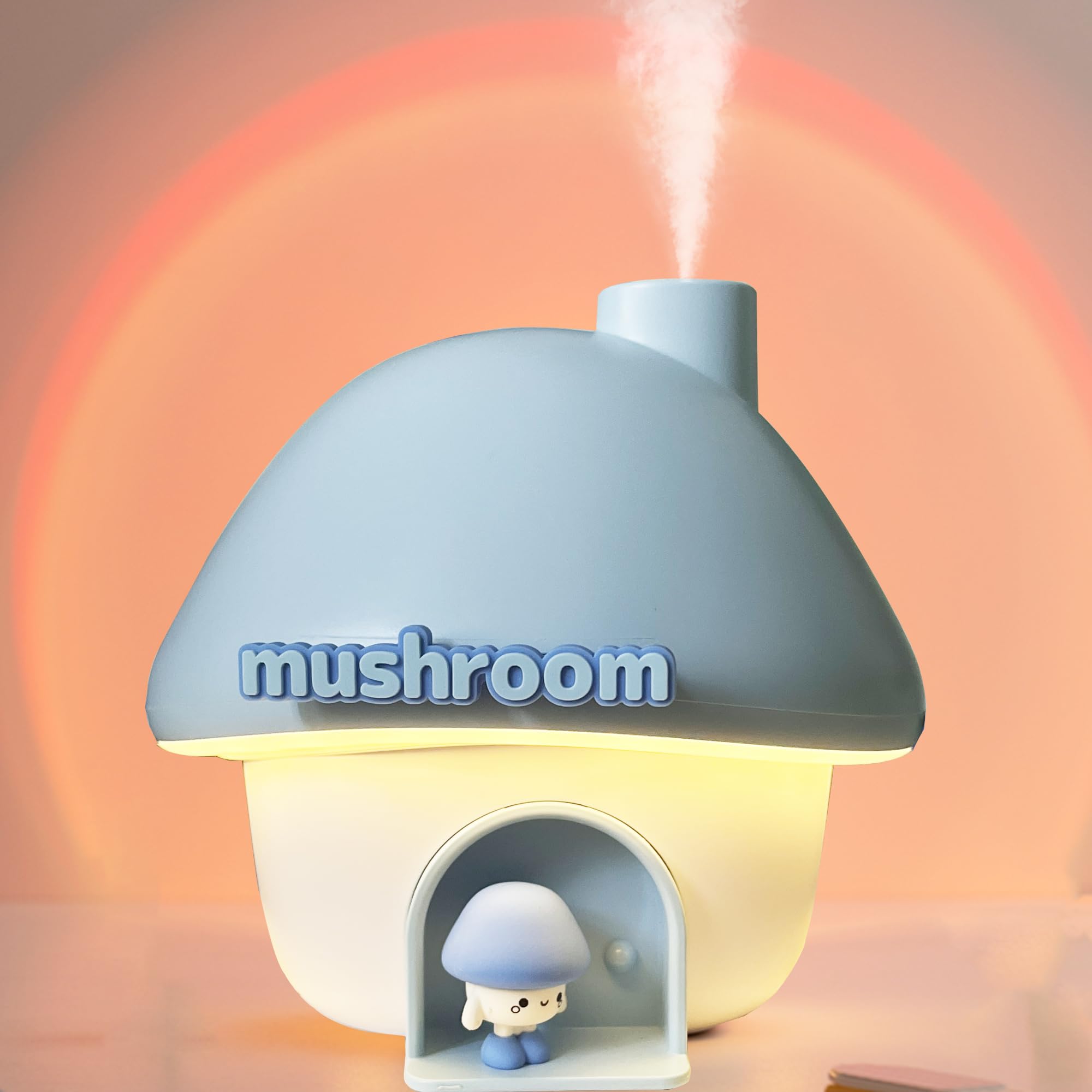 Portable Mushroom Humidifier with 7 Color Sunset Light, USB Rechargeable Mini Air Moisturizer for Desk, Bedroom, Travel, Baby Room – Silent & Cute Design Use(Blue) - Image 1