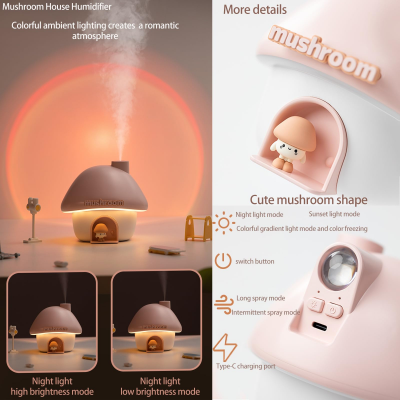Portable Mushroom Humidifier with 7 Color Sunset Light, USB Rechargeable Mini Air Moisturizer for Desk, Bedroom, Travel, Baby Room – Silent & Cute Design Use(Blue) - Image 6