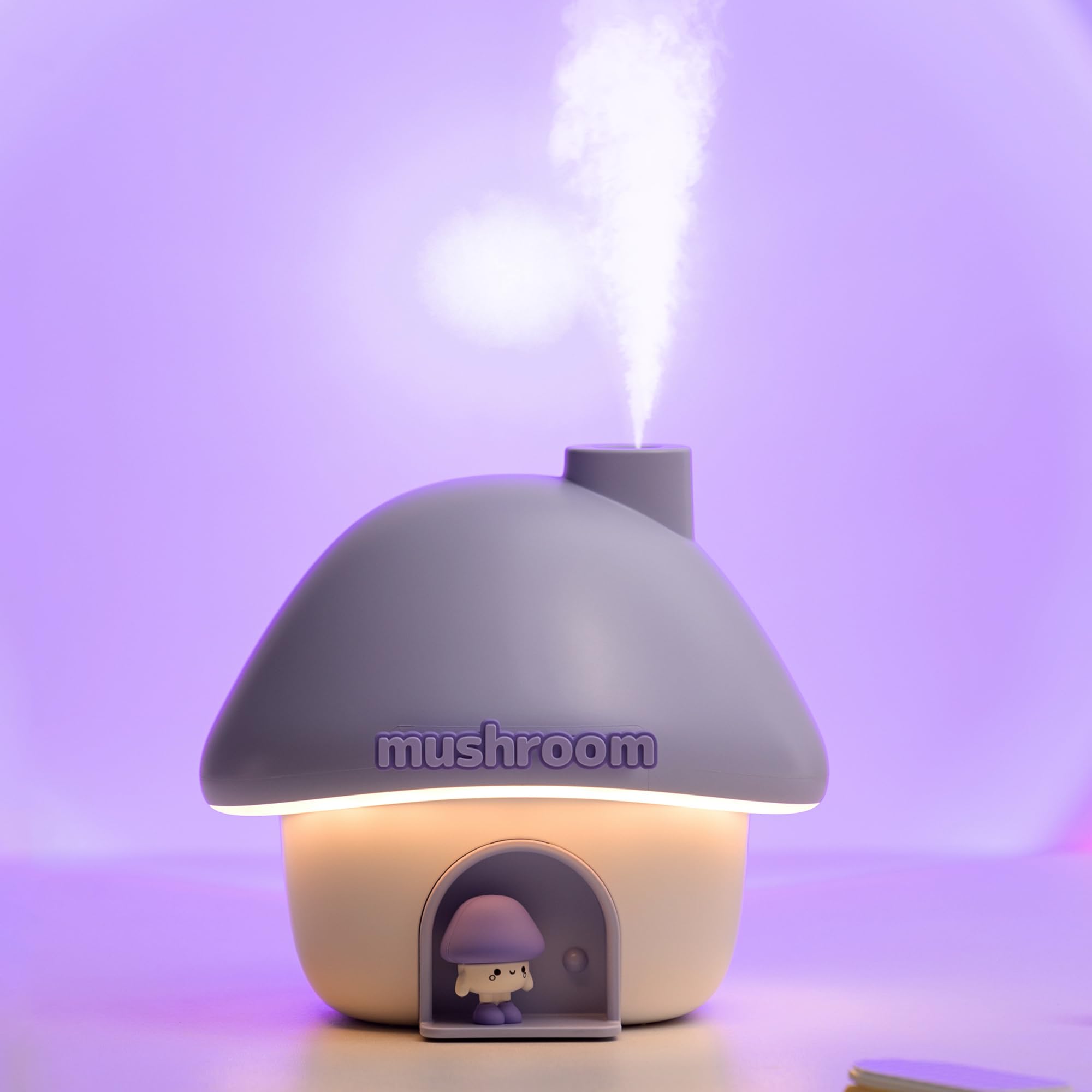 Portable Mushroom Humidifier with 7 Color Sunset Light, USB Rechargeable Mini Air Moisturizer for Desk, Bedroom, Travel, Baby Room – Silent & Cute Design Use(Purple) - Image 1