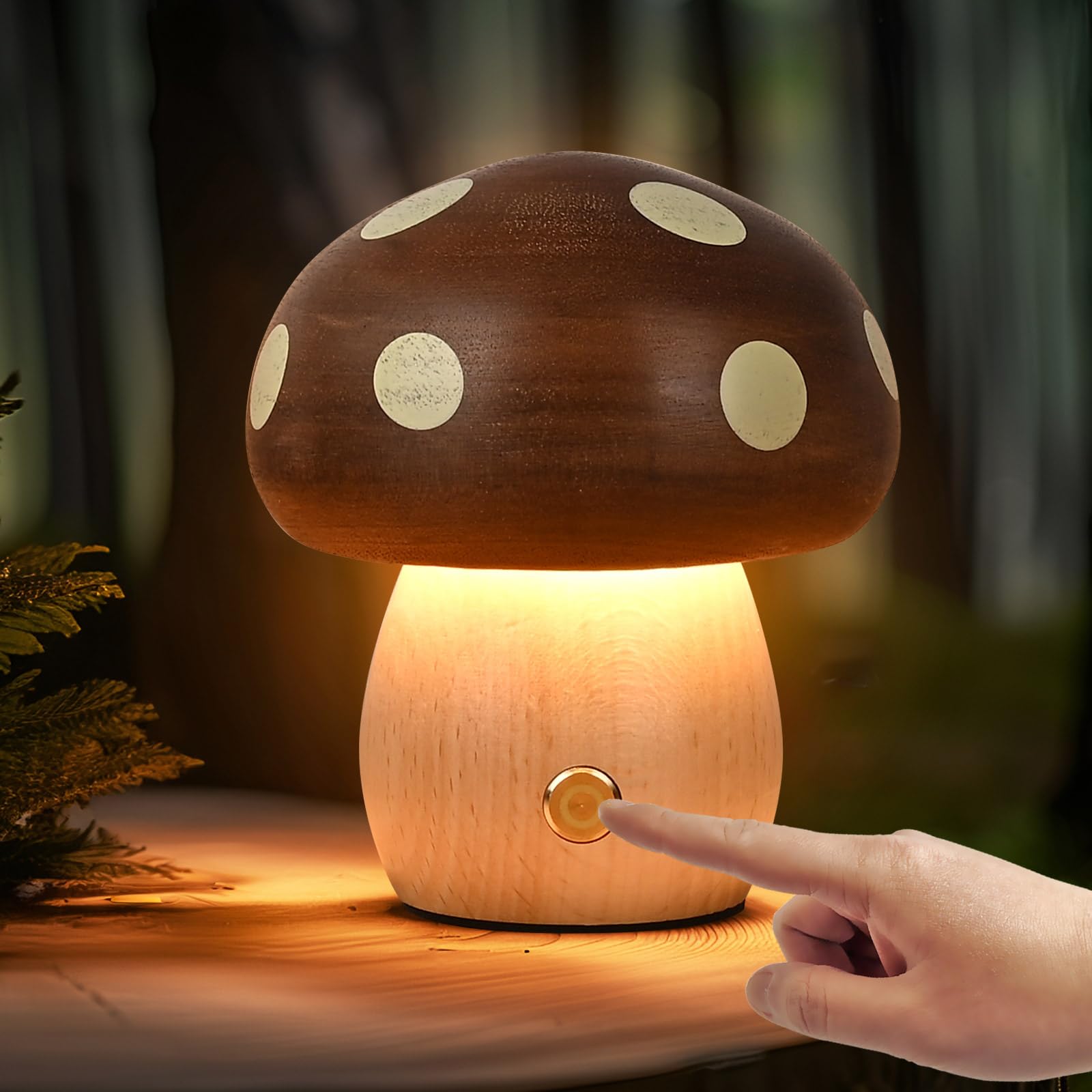 Touch Control Mushroom Night Light – Rechargeable Wooden Desk Lamp with 4 Brightness Levels, Soft Warm Glow for Baby Nursery, Bedroom, or Travel (Wooden Color) - Image 1