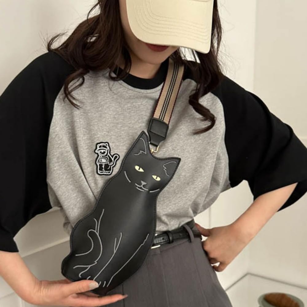 Cute 3D Cat Shape Crossbody Bag – Unisex PU Leather Shoulder Sling Backpack for Women & Men, Fashionable Mini Chest Bag, Trendy Accessory (Black-Grey) - Image 2