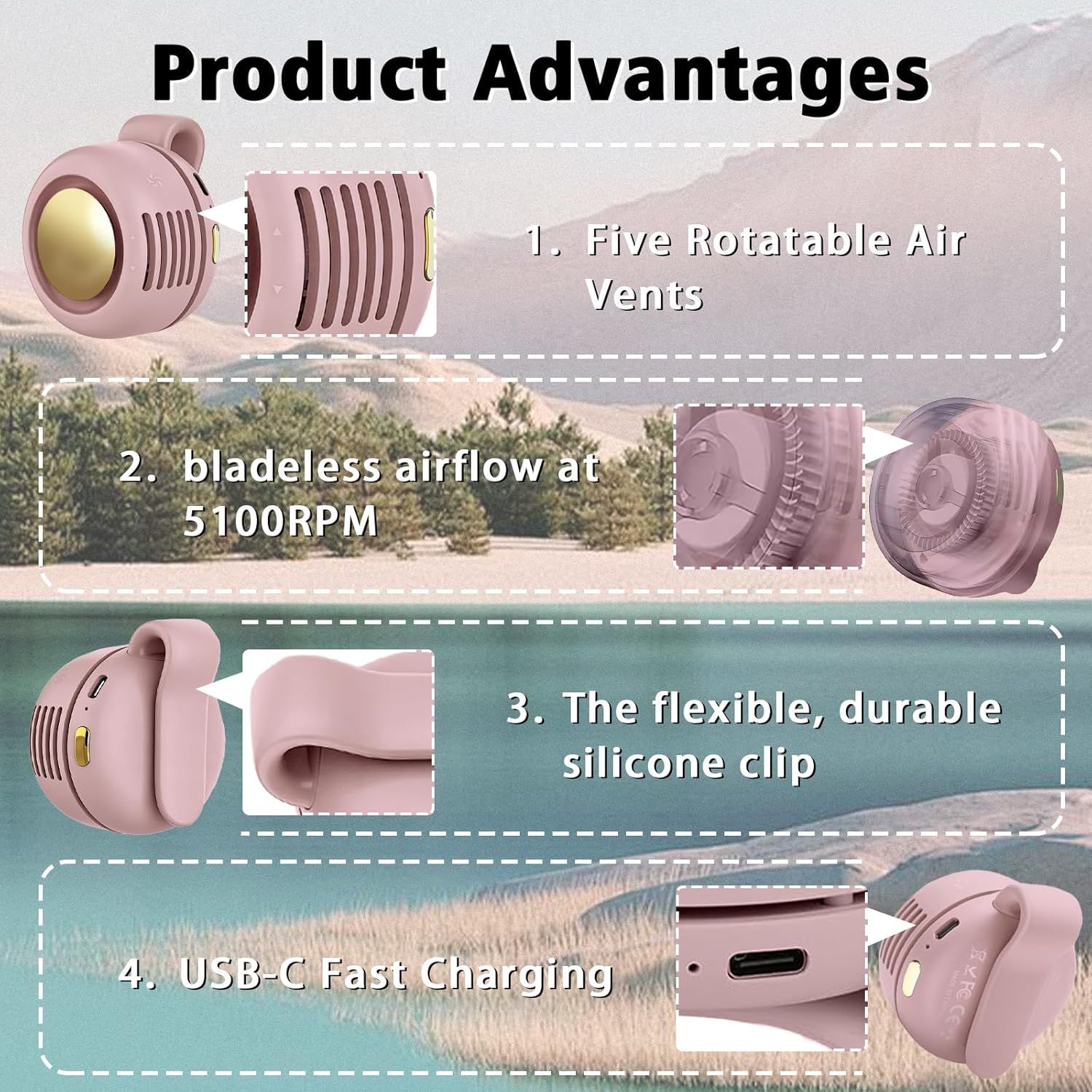 Mini Clip-On Bladeless Fan, USB Rechargeable 3-Speed Portable Personal Fan with 360° Rotation, Ultra-Quiet 25dB Waist Hanging Fan for Outdoor Travel Gym (Pink) - Image 4