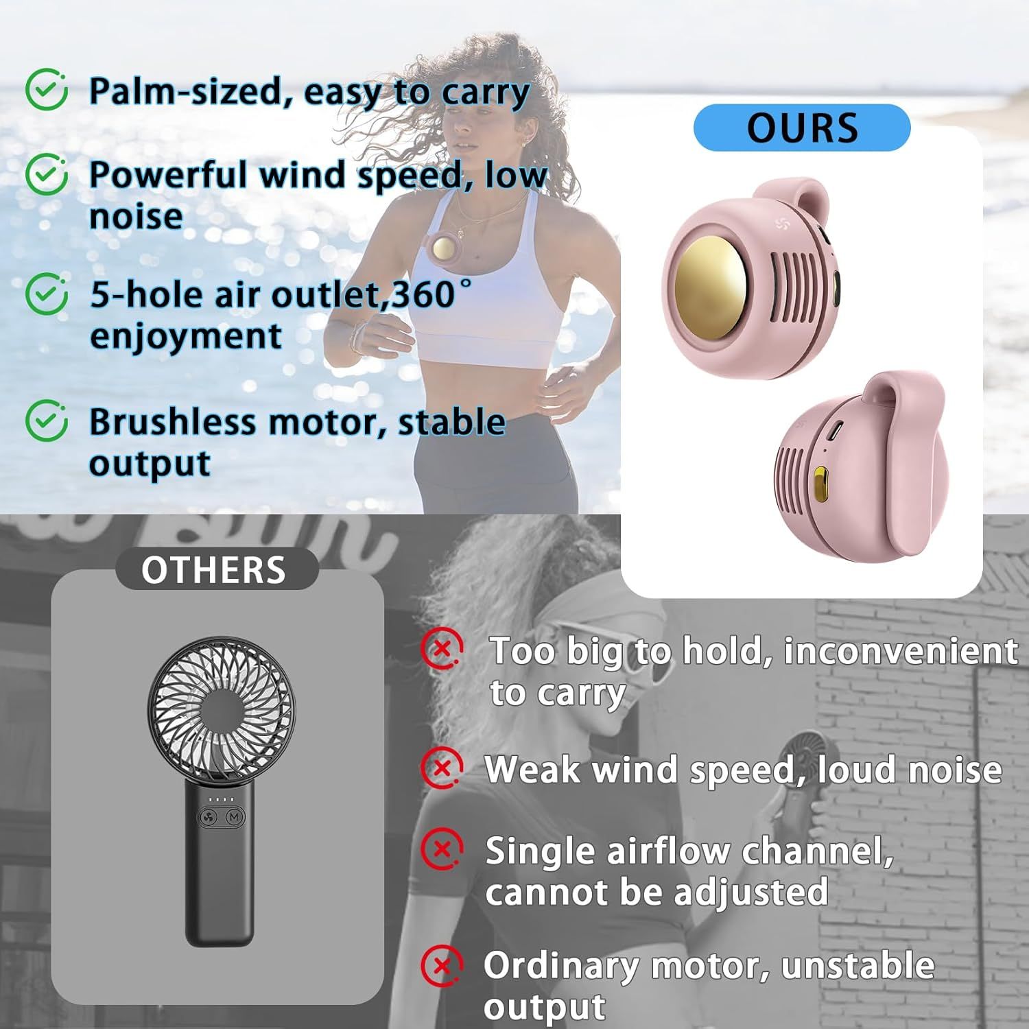 Mini Clip-On Bladeless Fan, USB Rechargeable 3-Speed Portable Personal Fan with 360° Rotation, Ultra-Quiet 25dB Waist Hanging Fan for Outdoor Travel Gym (Pink) - Image 6