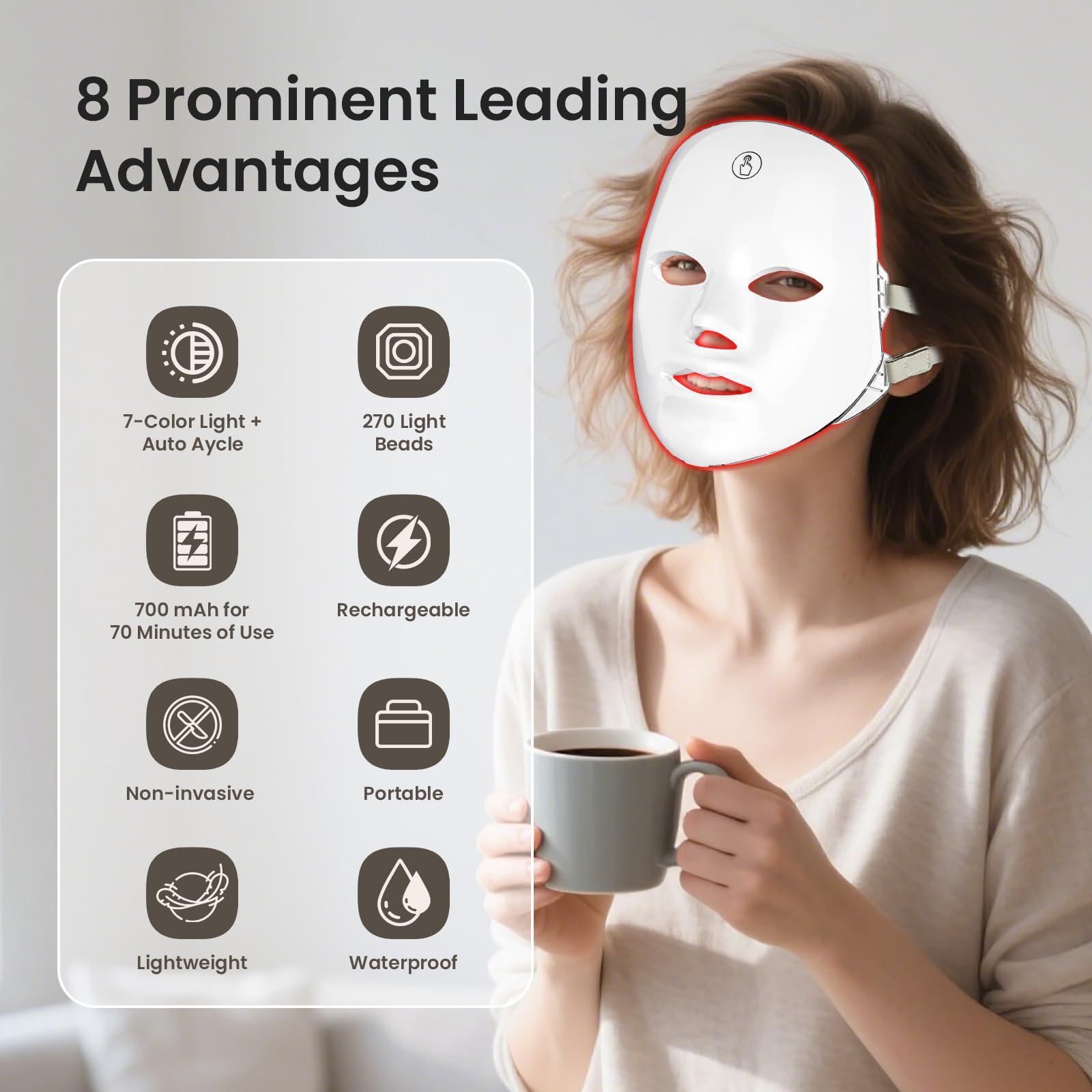 7-Color Facial Light Mask for Home Skincare – Rechargeable LED Beauty Device with 270 LEDs, One-Touch Control & Auto-Timer (Black with Rose Gold Trim)   | Other Colors Available in Store - Image 2