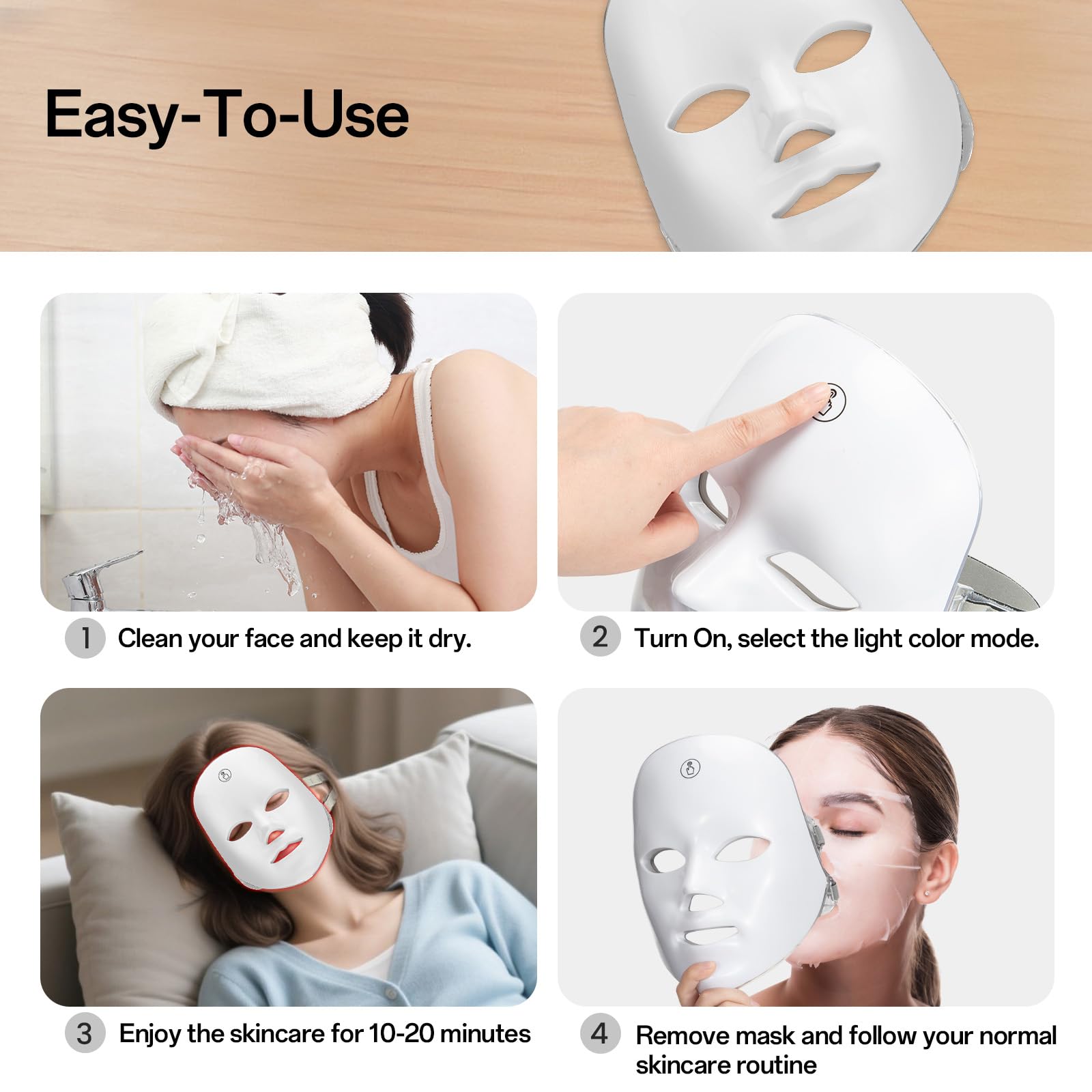 7-Color Facial Light Mask for Home Skincare – Rechargeable LED Beauty Device with 270 LEDs, One-Touch Control & Auto-Timer (Black with Rose Gold Trim)   | Other Colors Available in Store - Image 7