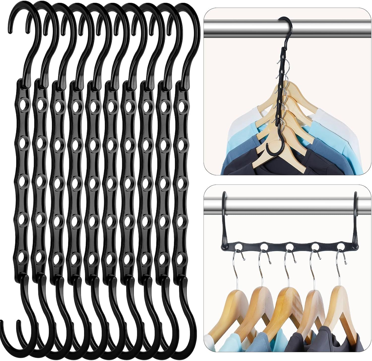 10-Pack Black Space-Saving Hanger Connectors—5-Slot Design for Vertical & Horizontal Use—Organize Shirts, Sweaters, Jackets—Compact Closet Organizer for Apartments, Dorms, Small Spaces (Black) - Image 1