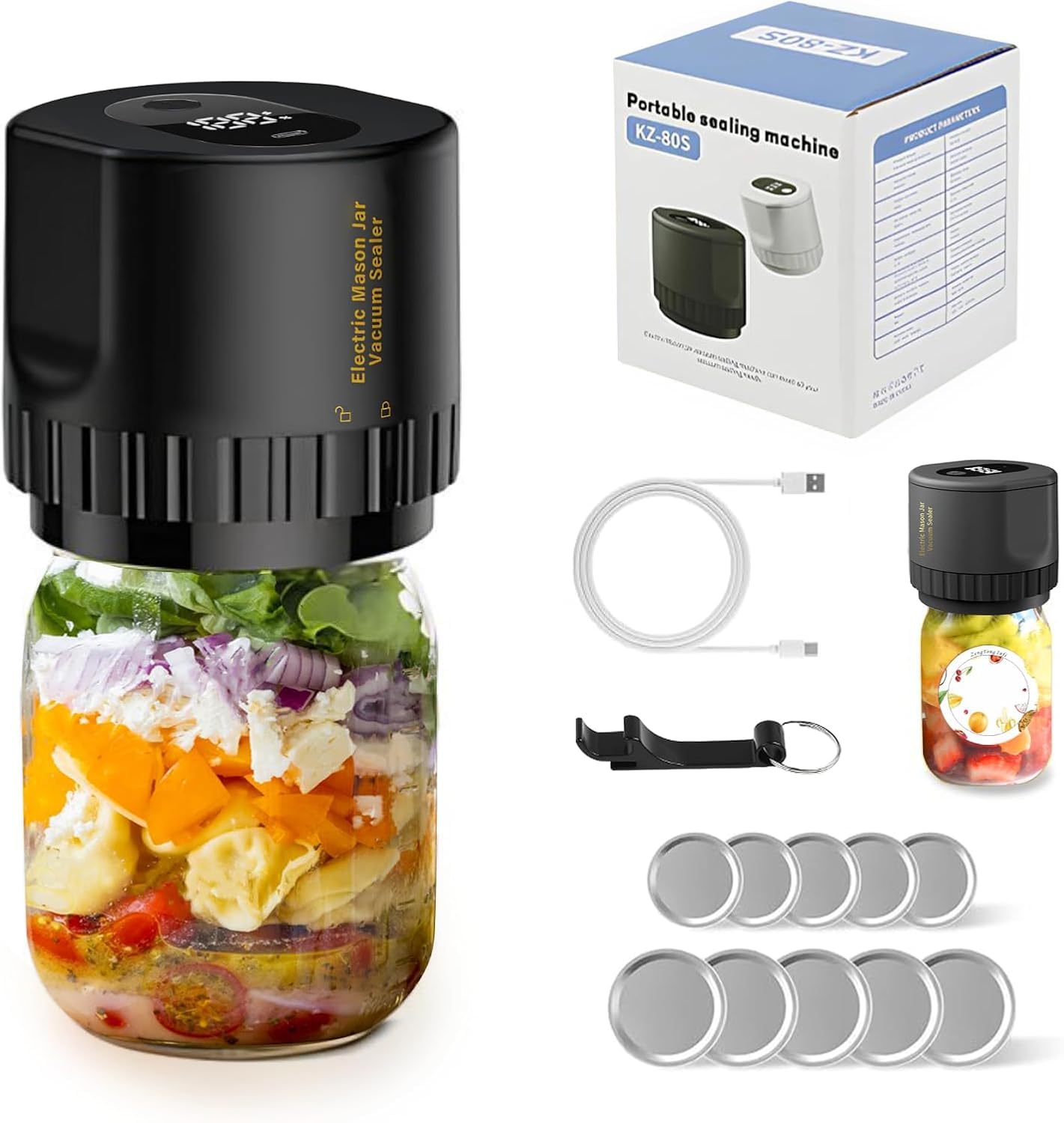 Black Electric Mason Jar Vacuum Sealer Kit – Portable Automatic Vacuum Sealing Machine with 80kPa Suction & Reusable Lids for Wide & Regular Mouth Jars - Image 1