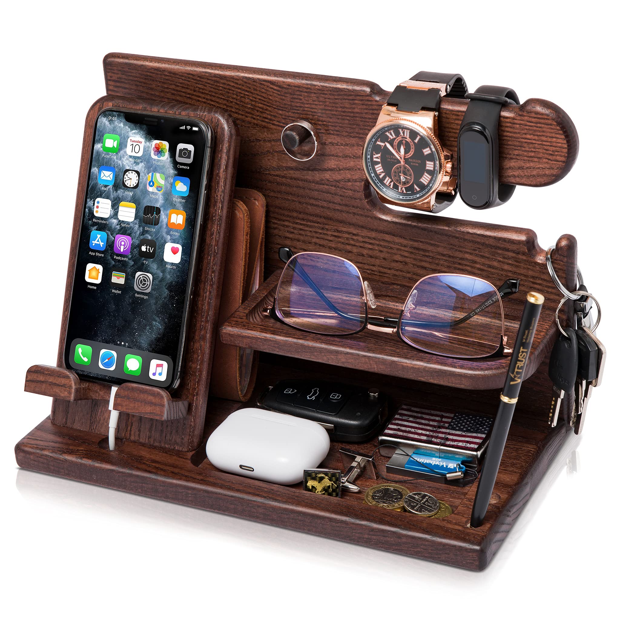 Wooden Desk Organizer for Men – Multi-Function Phone Stand, Watch & Glasses Holder, Key & Wallet Tray (Vintage Brown) - Image 1