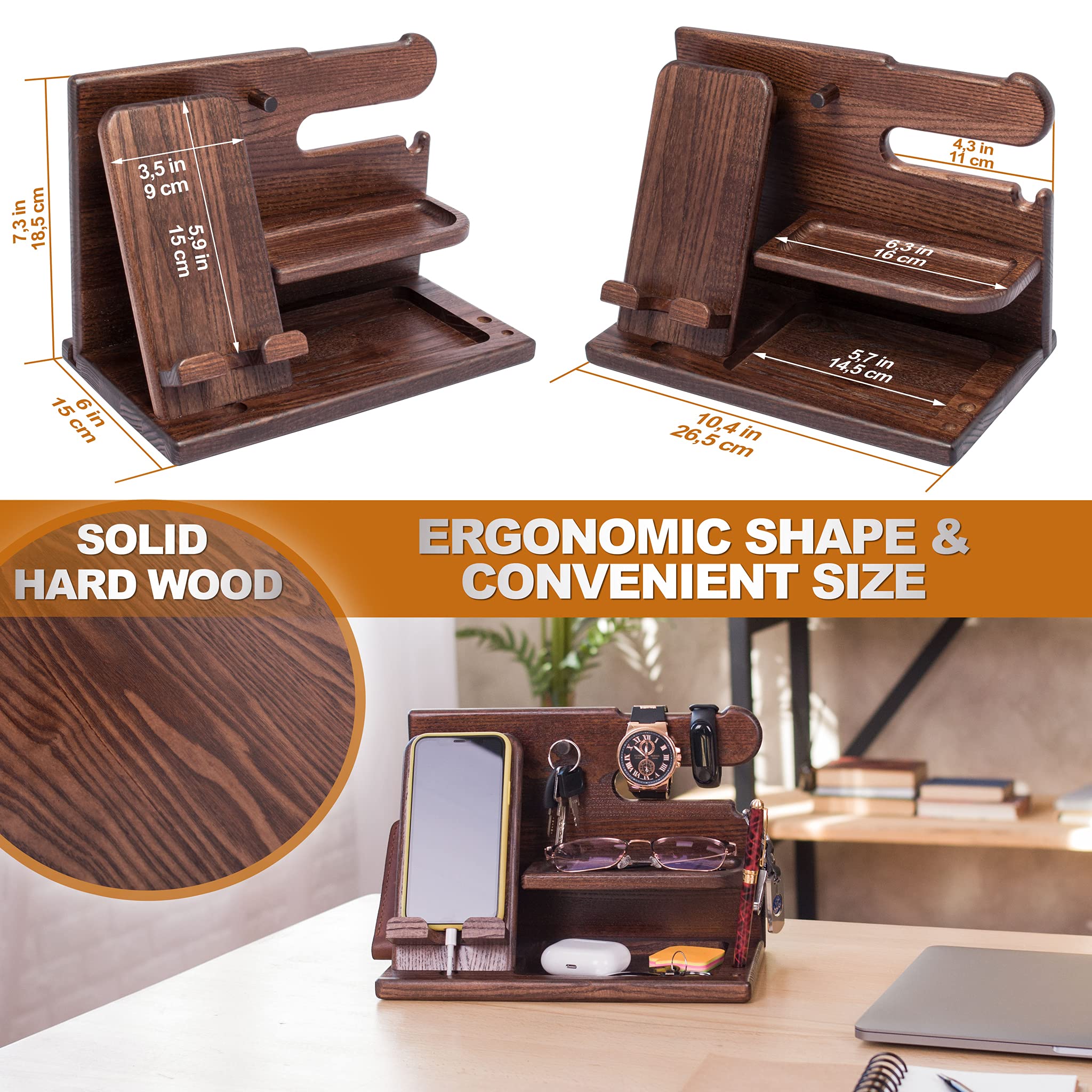 Wooden Desk Organizer for Men – Multi-Function Phone Stand, Watch & Glasses Holder, Key & Wallet Tray (Vintage Brown) - Image 4