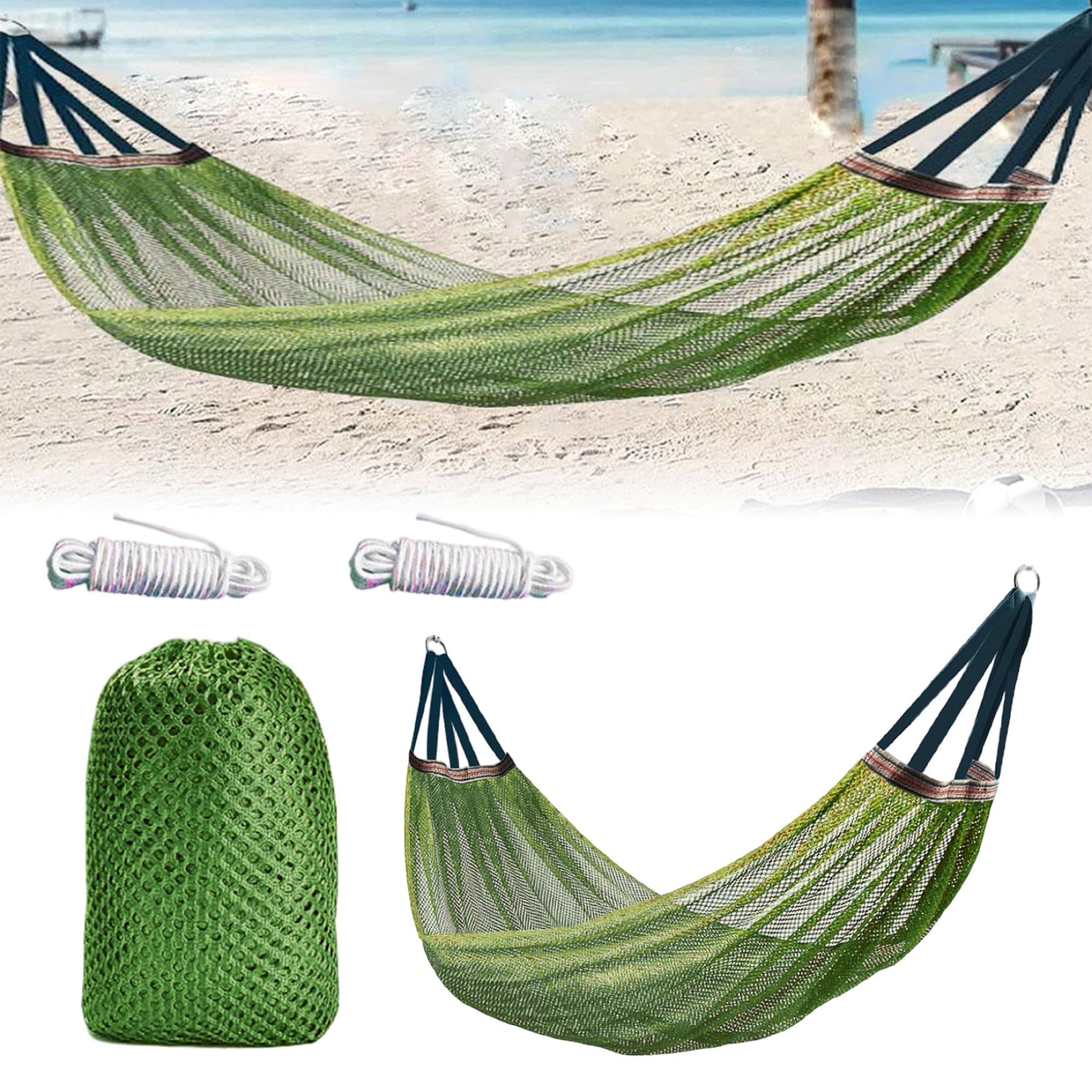 Outdoor Nylon Hammock with Tree Straps – Portable Mesh Hanging Bed for Camping, Beach, Garden, Lightweight & Durable Swing Chair (Green) - Image 1