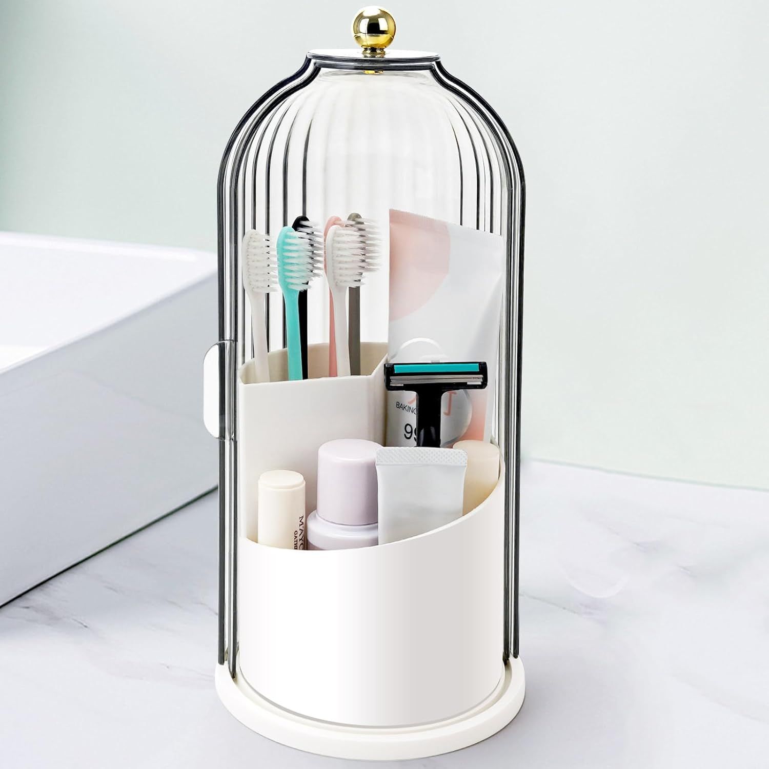 360° Rotating Makeup Brush Holder with Dustproof Cover, 3-Slot Vanity Organizer for Cosmetics & Toiletries, Birdcage Design for Bathroom & Desk (White) - Image 1