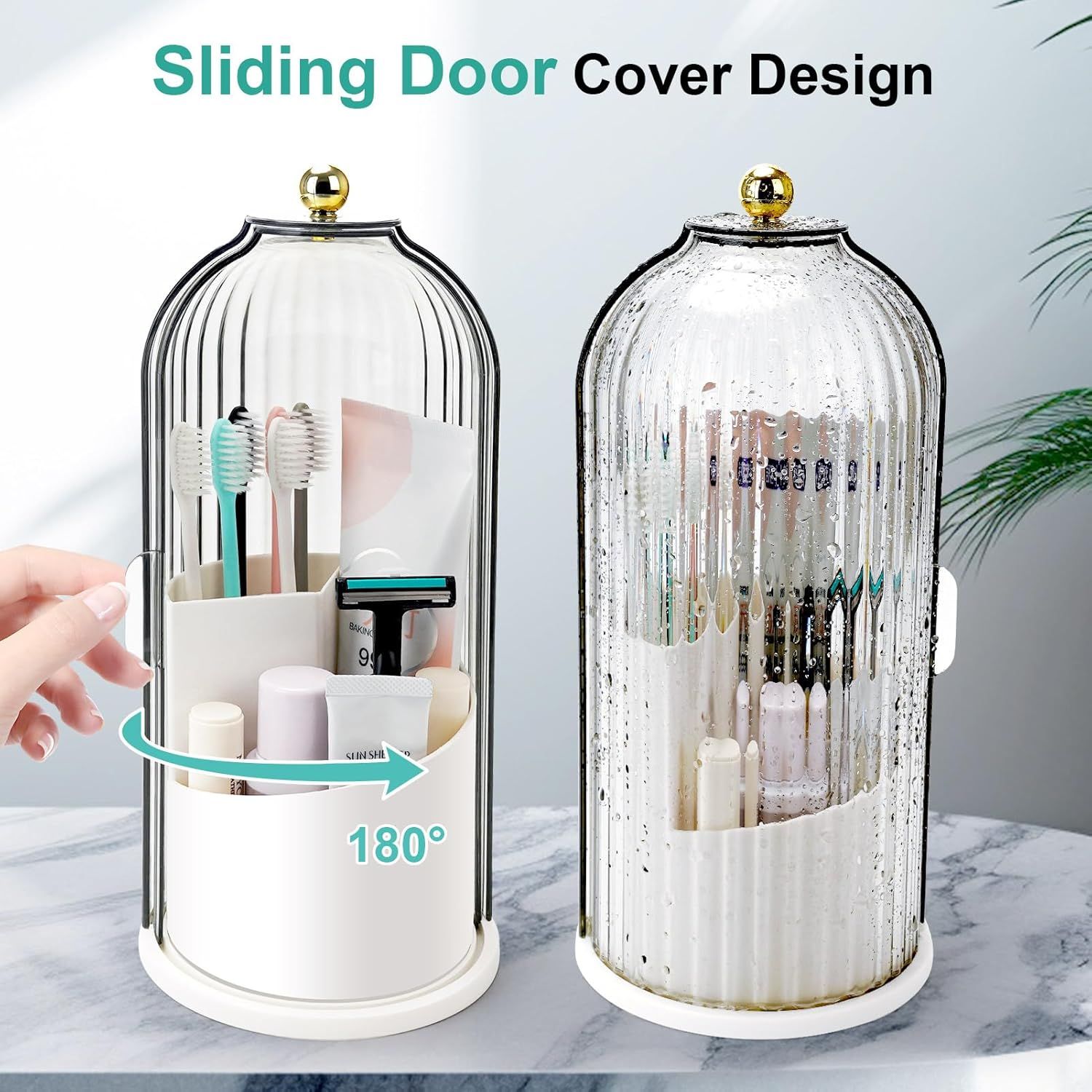 360° Rotating Makeup Brush Holder with Dustproof Cover, 3-Slot Vanity Organizer for Cosmetics & Toiletries, Birdcage Design for Bathroom & Desk (White) - Image 2