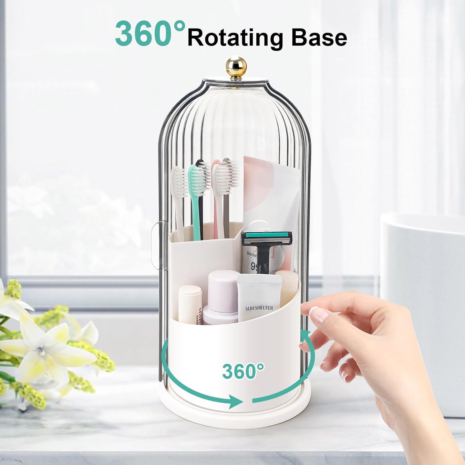360° Rotating Makeup Brush Holder with Dustproof Cover, 3-Slot Vanity Organizer for Cosmetics & Toiletries, Birdcage Design for Bathroom & Desk (White) - Image 3