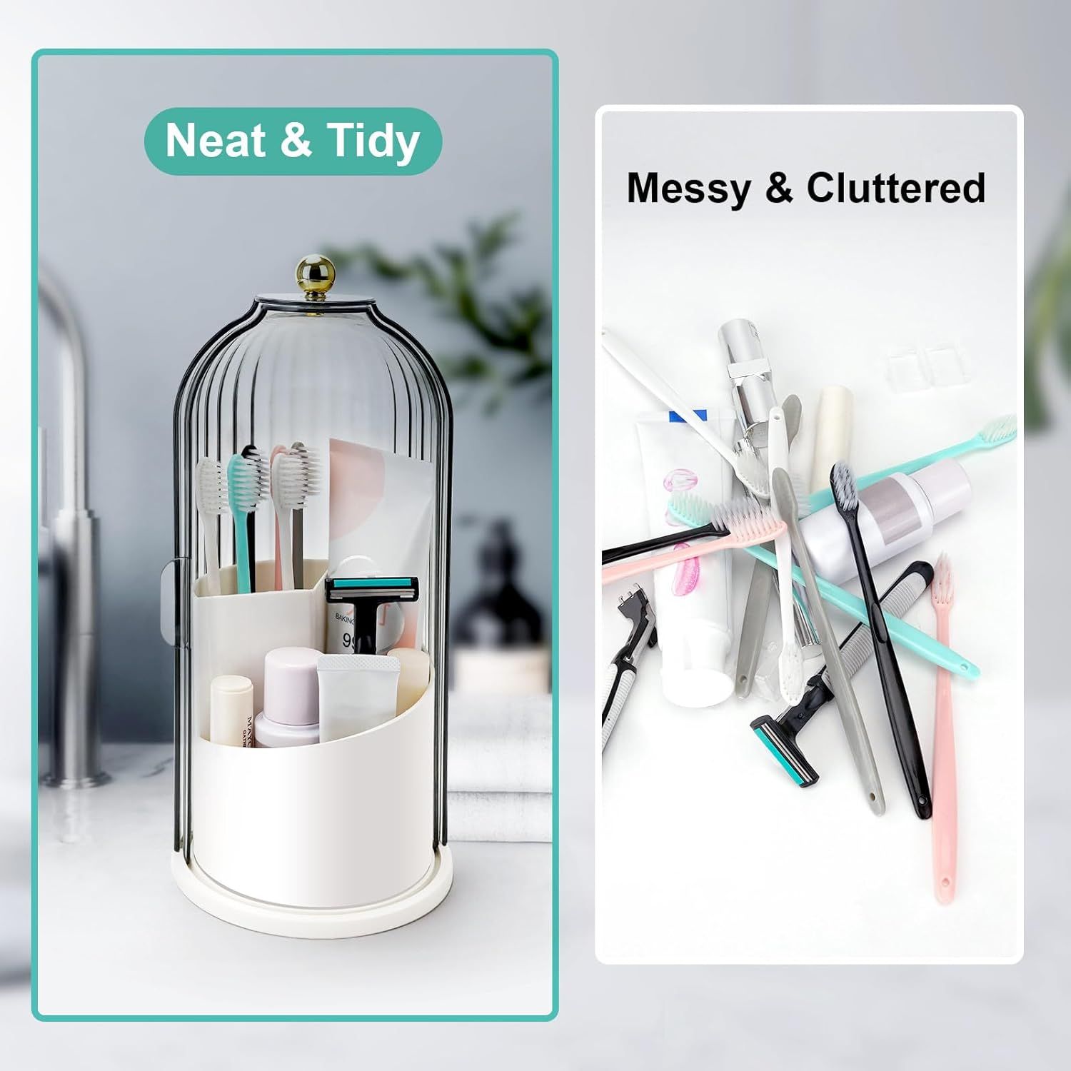 360° Rotating Makeup Brush Holder with Dustproof Cover, 3-Slot Vanity Organizer for Cosmetics & Toiletries, Birdcage Design for Bathroom & Desk (White) - Image 4