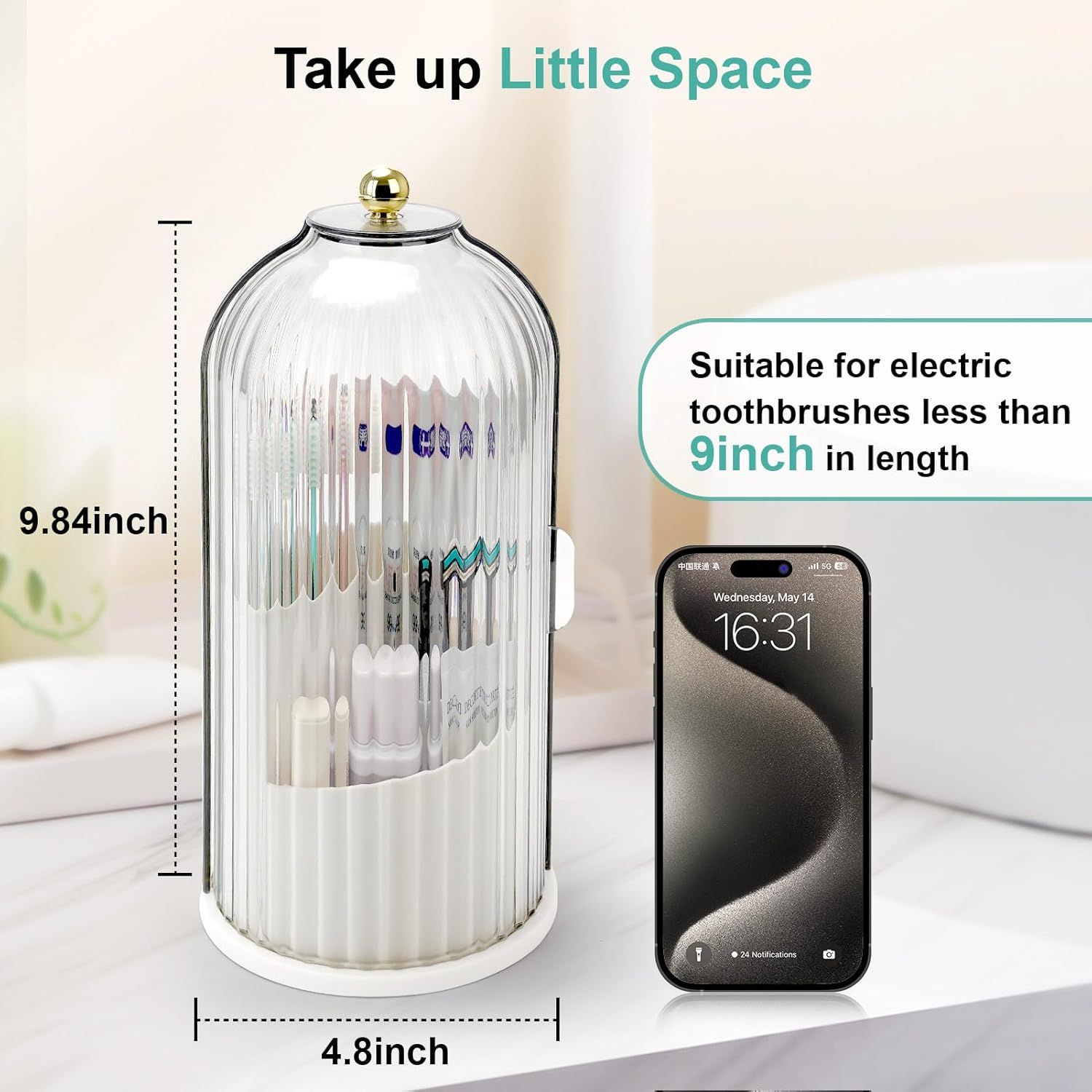360° Rotating Makeup Brush Holder with Dustproof Cover, 3-Slot Vanity Organizer for Cosmetics & Toiletries, Birdcage Design for Bathroom & Desk (White) - Image 6