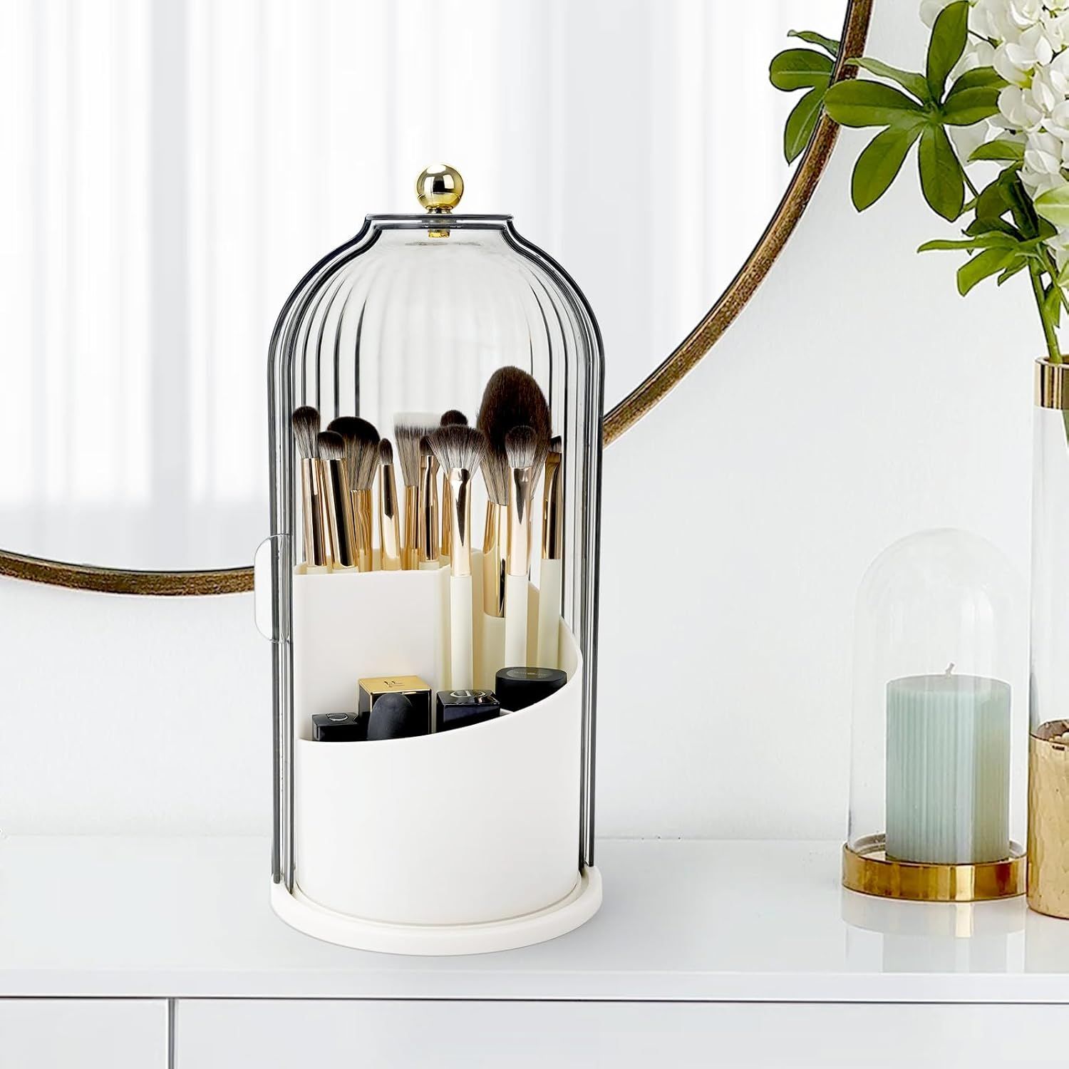 360° Rotating Makeup Brush Holder with Dustproof Cover, 3-Slot Vanity Organizer for Cosmetics & Toiletries, Birdcage Design for Bathroom & Desk (White) - Image 7