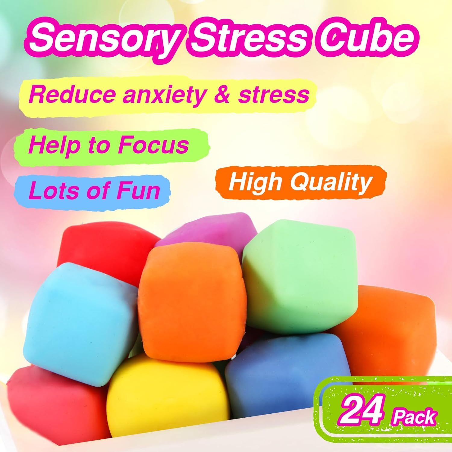 24 PCS Slow Rising Stress Cubes for Office & Classroom – Soft TPR Sensory Fidget Toys to Relieve Anxiety (Multicolor) - Image 3