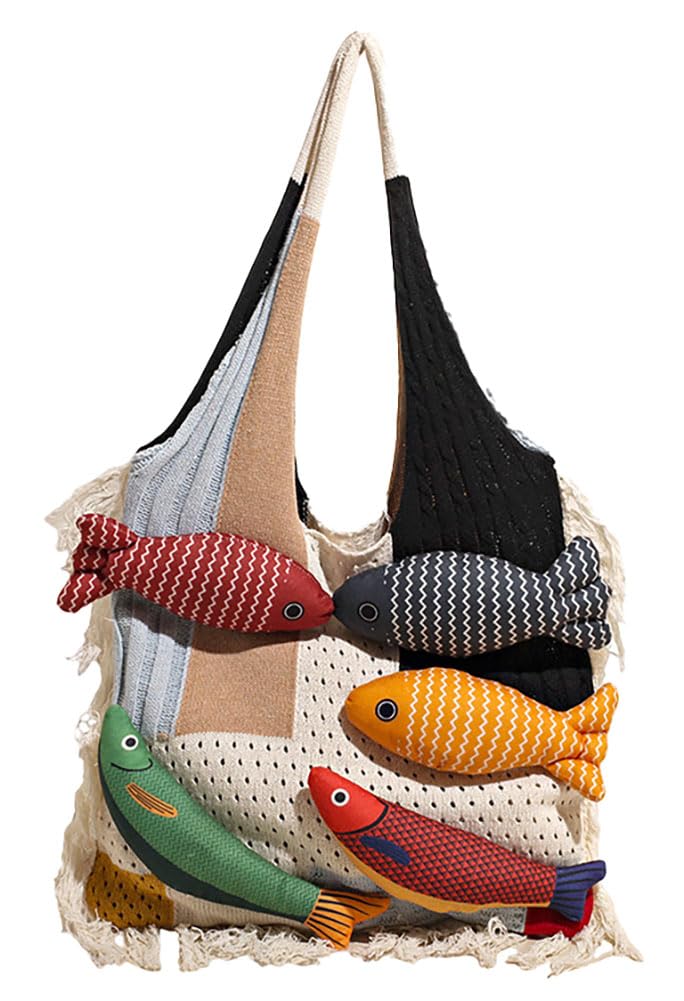 Boho Knit Tote Bag with 3D Fish Applique – Patchwork Shoulder Bag for Women, Beach, Travel & Daily Use – Soft Fringe Design (White) - Image 1