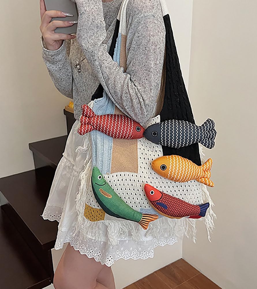 Boho Knit Tote Bag with 3D Fish Applique – Patchwork Shoulder Bag for Women, Beach, Travel & Daily Use – Soft Fringe Design (White) - Image 2