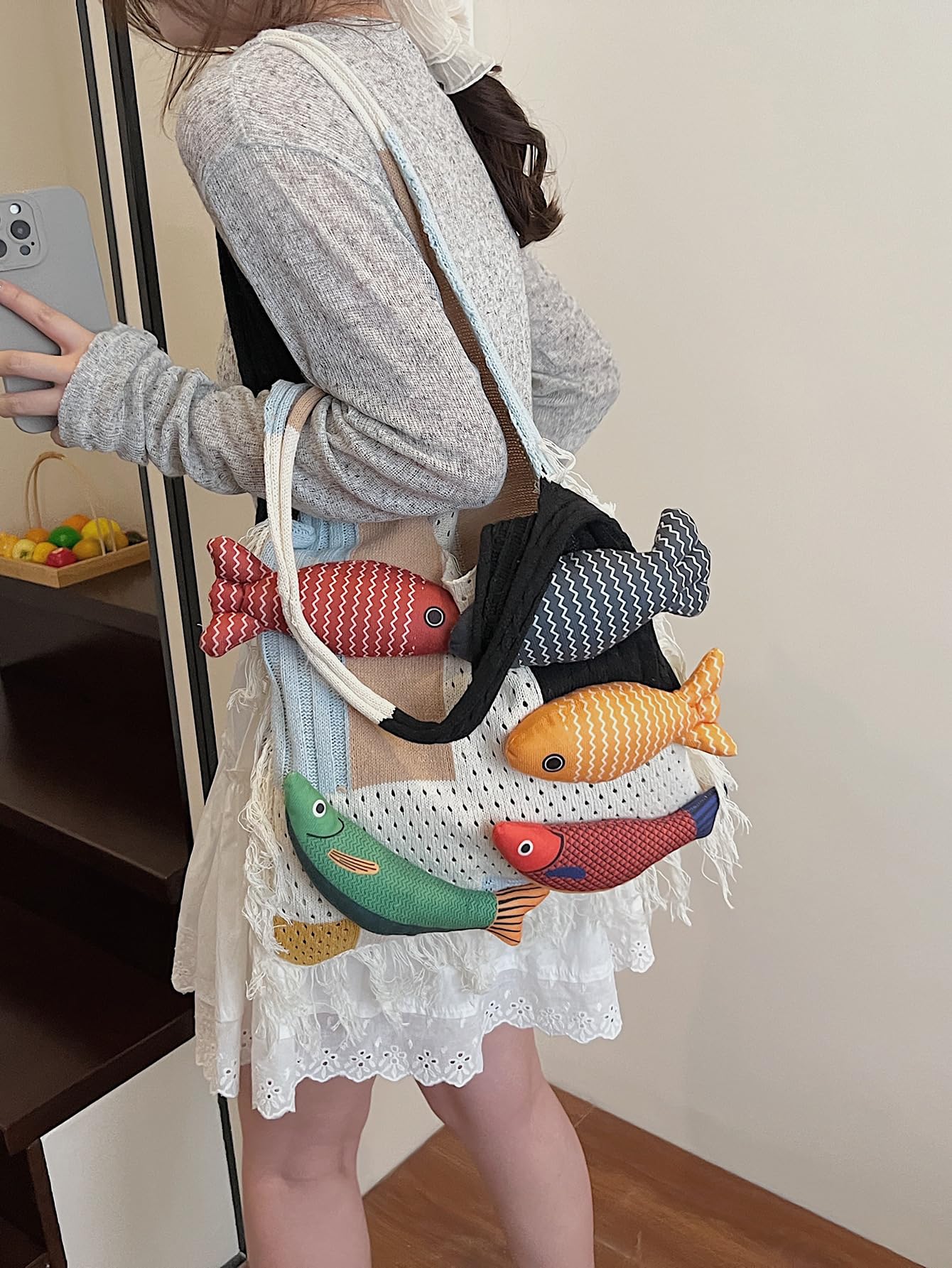 Boho Knit Tote Bag with 3D Fish Applique – Patchwork Shoulder Bag for Women, Beach, Travel & Daily Use – Soft Fringe Design (White) - Image 4