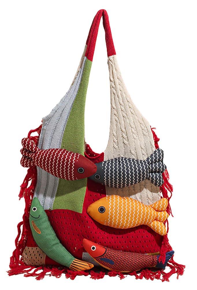 Boho Knit Tote Bag with 3D Fish Applique – Patchwork Shoulder Bag for Women, Beach, Travel & Daily Use – Soft Fringe Design (Red) - Image 1