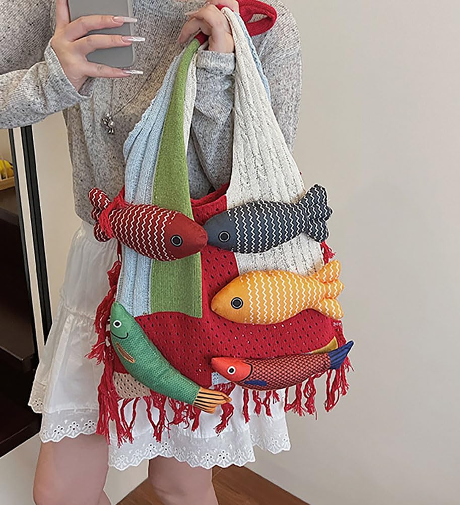 Boho Knit Tote Bag with 3D Fish Applique – Patchwork Shoulder Bag for Women, Beach, Travel & Daily Use – Soft Fringe Design (Red) - Image 2